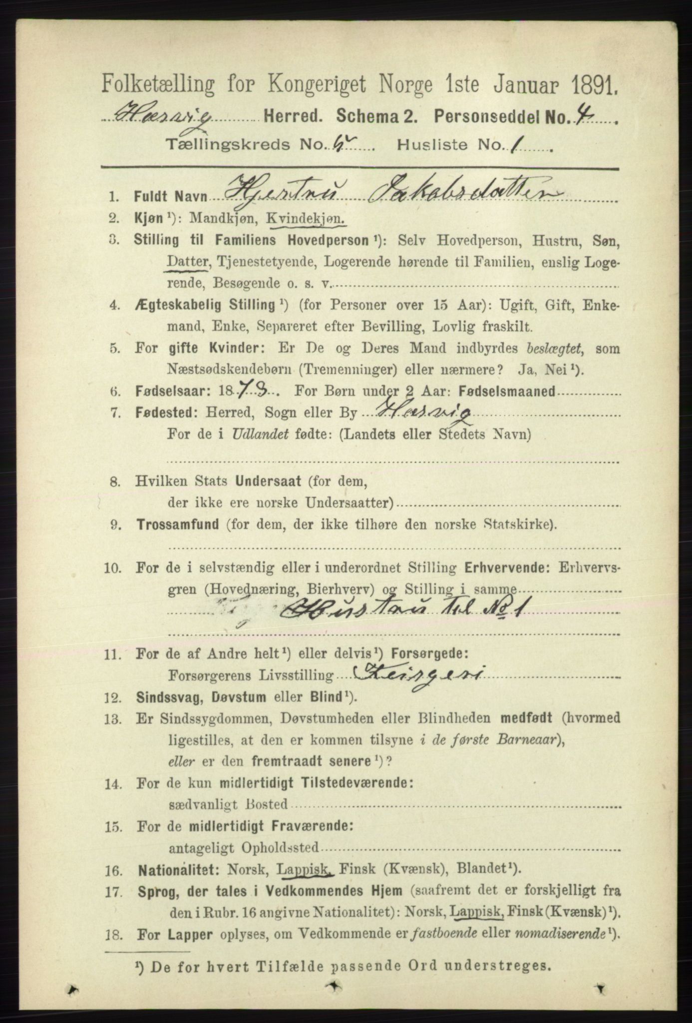RA, 1891 census for 2015 Hasvik, 1891, p. 644