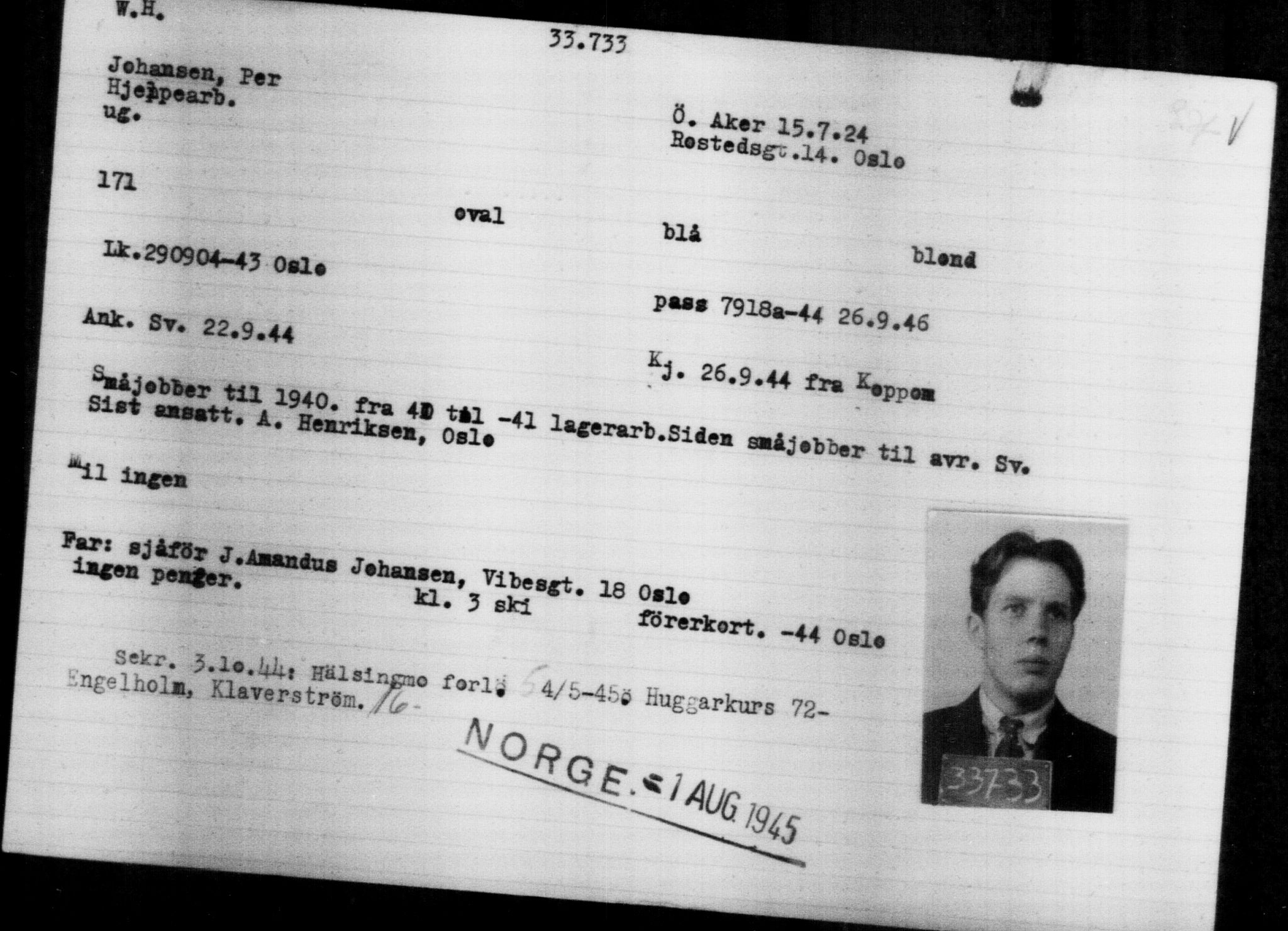 Utenriksstasjonene, Legasjonen i Stockholm, Flyktningkontoret, AV/RA-S-6753/V/Va/L0013: Kjesäterkartoteket, flyktninger med registreringsnr. 31500-34731, 1940-1945, p. 2357