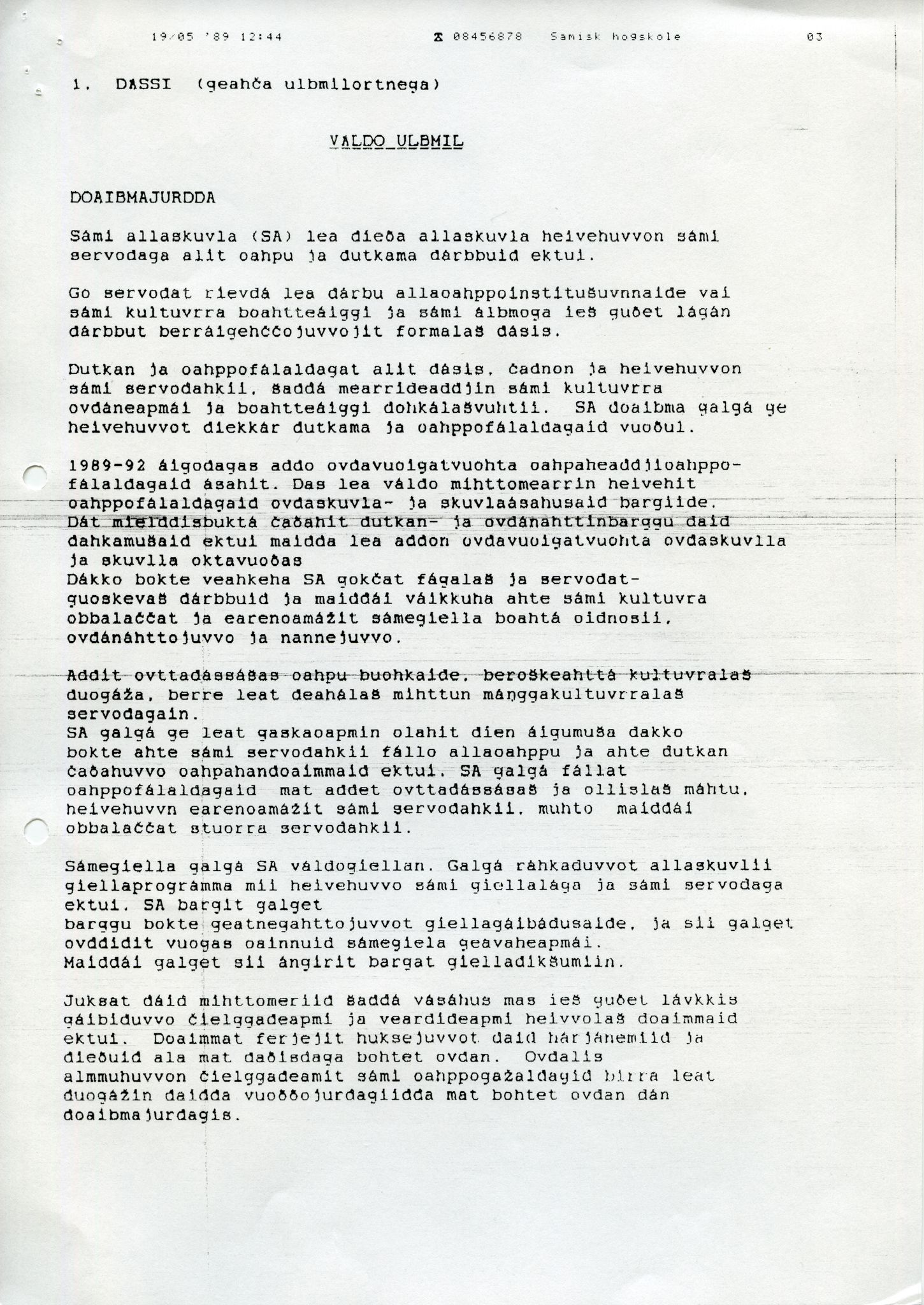 Sámiráđđi / Saami Council, SAMI/PA-1126/A/L0018: Sámiráđđi Sámi Instituhtta, 1987-1989
