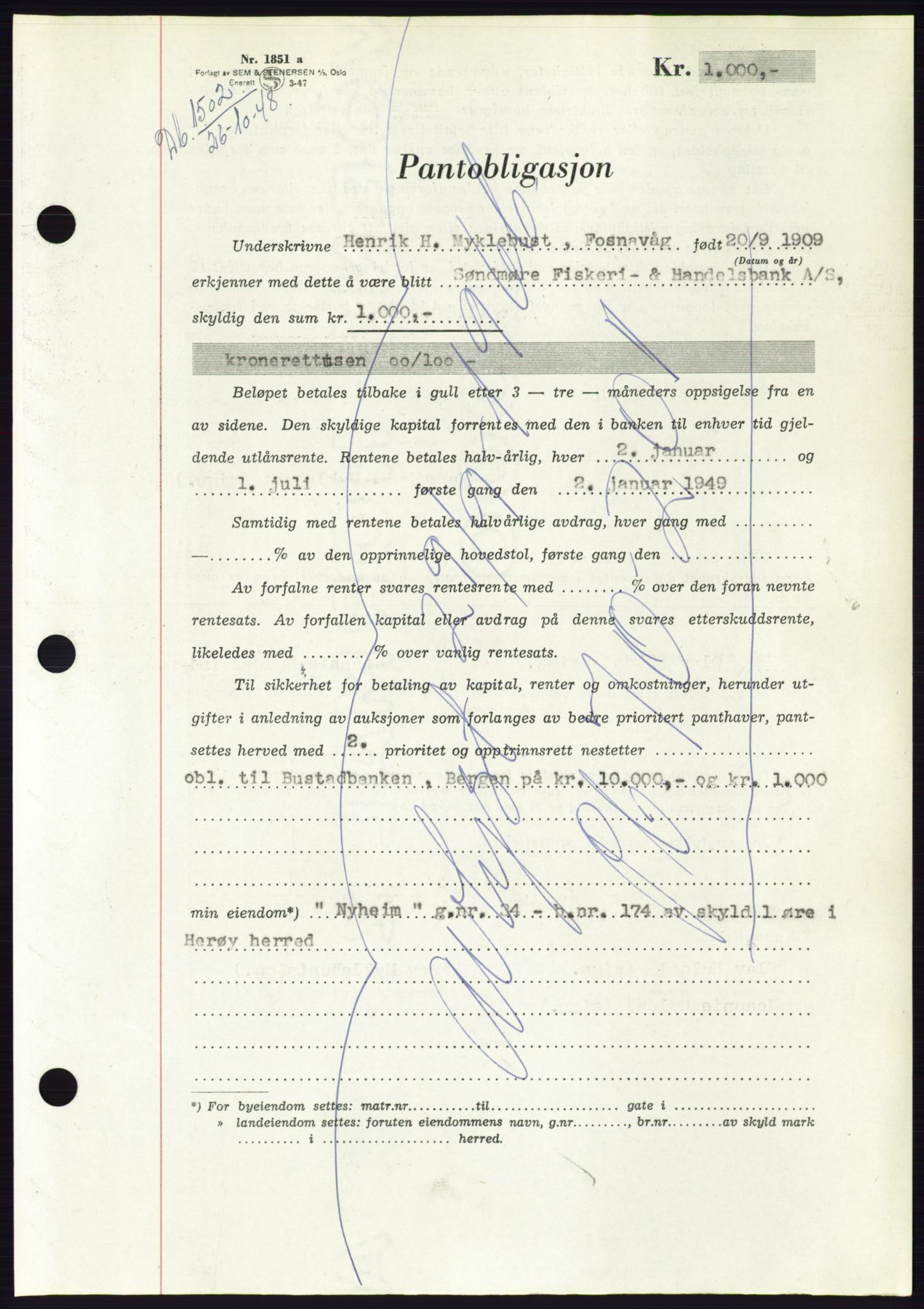 Søre Sunnmøre sorenskriveri, AV/SAT-A-4122/1/2/2C/L0116: Mortgage book no. 4B, 1948-1949, Diary no: : 1502/1948