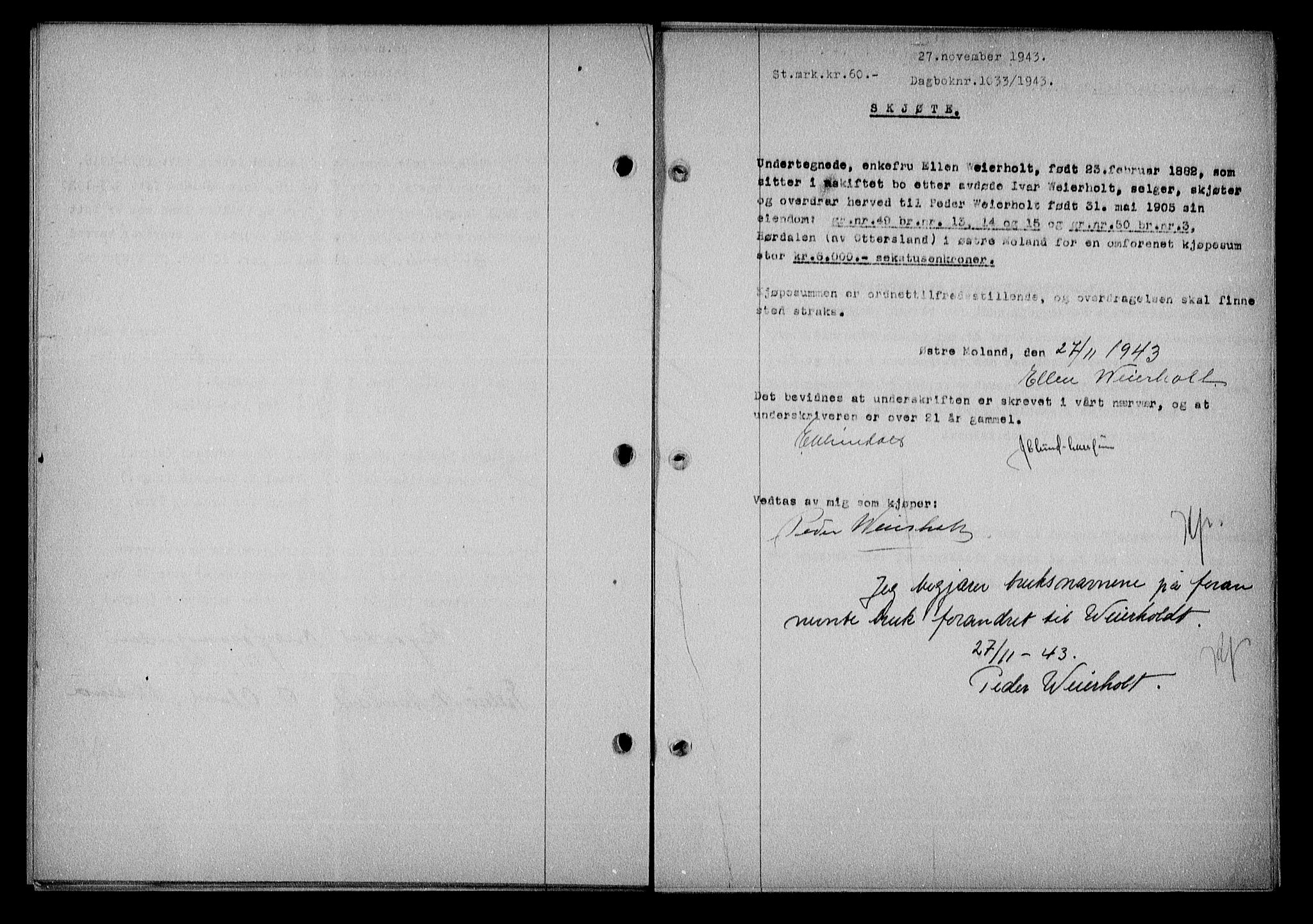 Nedenes sorenskriveri, SAK/1221-0006/G/Gb/Gba/L0051: Mortgage book no. A-V, 1943-1944, Diary no: : 1033/1943