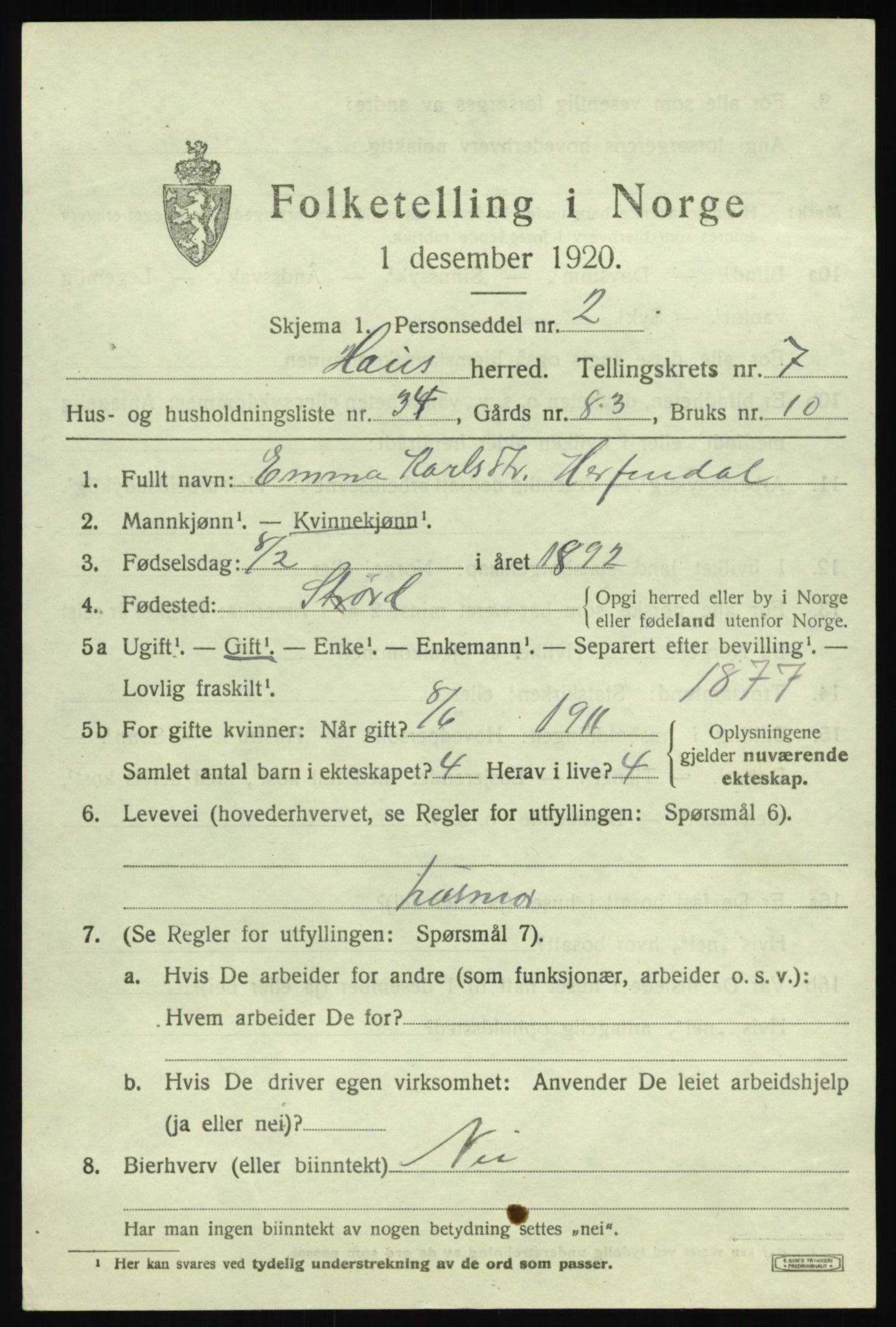 SAB, 1920 census for Haus, 1920, p. 4589