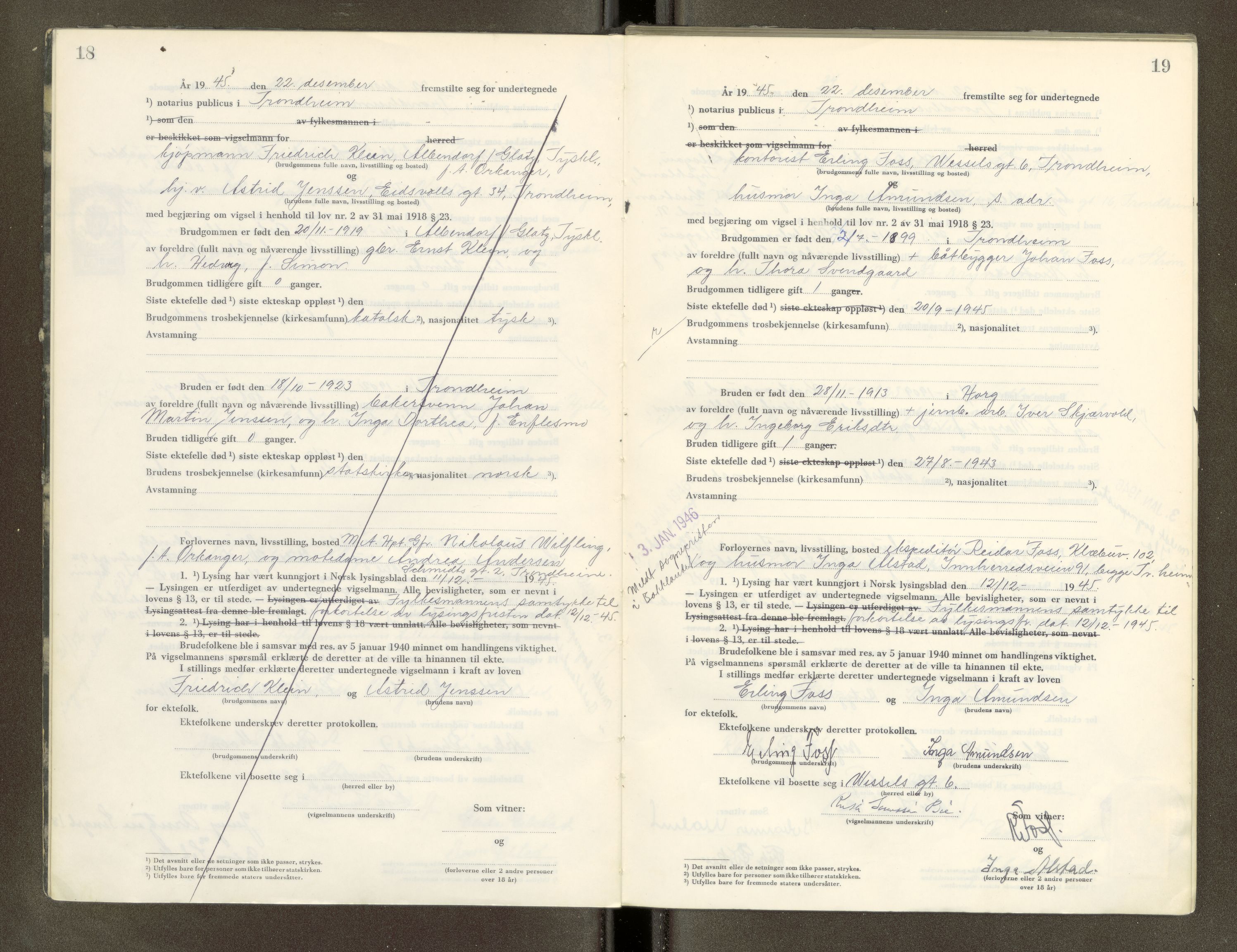Trondheim byfogd, AV/SAT-A-0003/1/6/6D/L0005: Vigselbøker, 1944-1948, p. 18-19