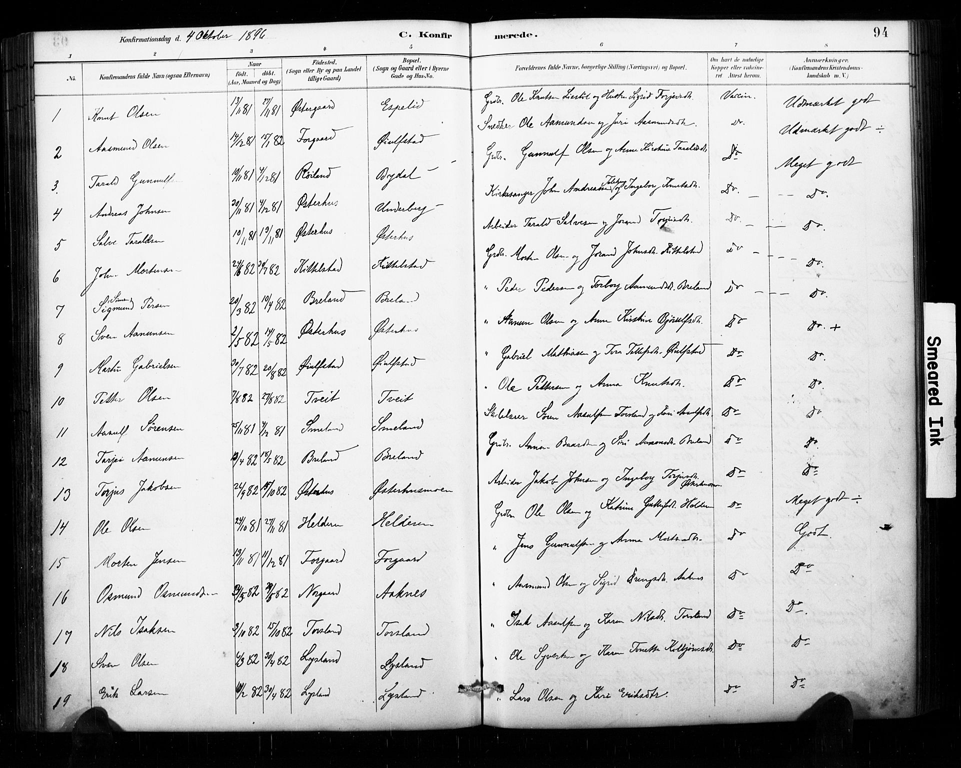 Åseral sokneprestkontor, AV/SAK-1111-0051/F/Fa/L0003: Parish register (official) no. A 3, 1884-1901, p. 94