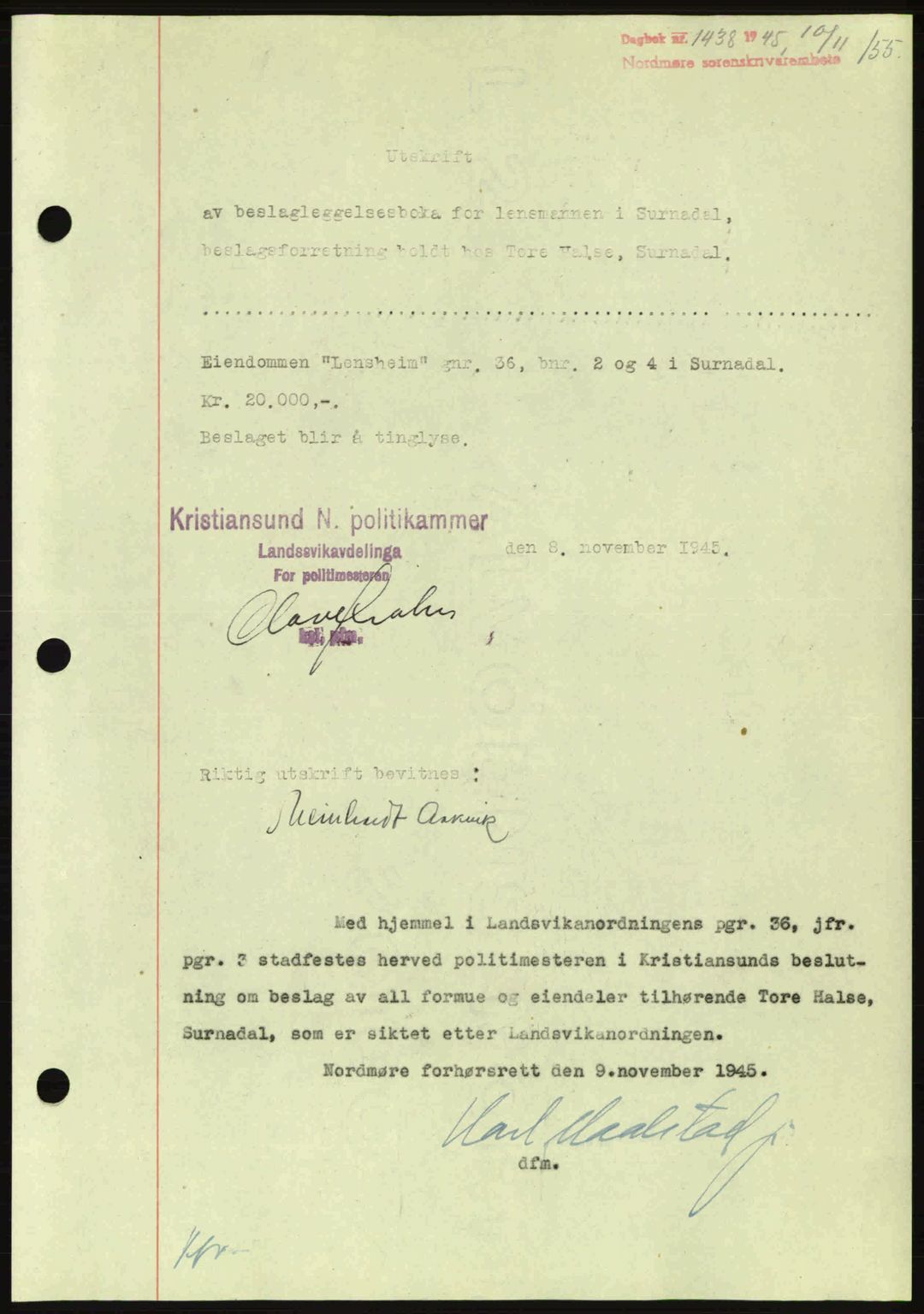 Nordmøre sorenskriveri, AV/SAT-A-4132/1/2/2Ca: Mortgage book no. B93a, 1945-1945, Diary no: : 1438/1945