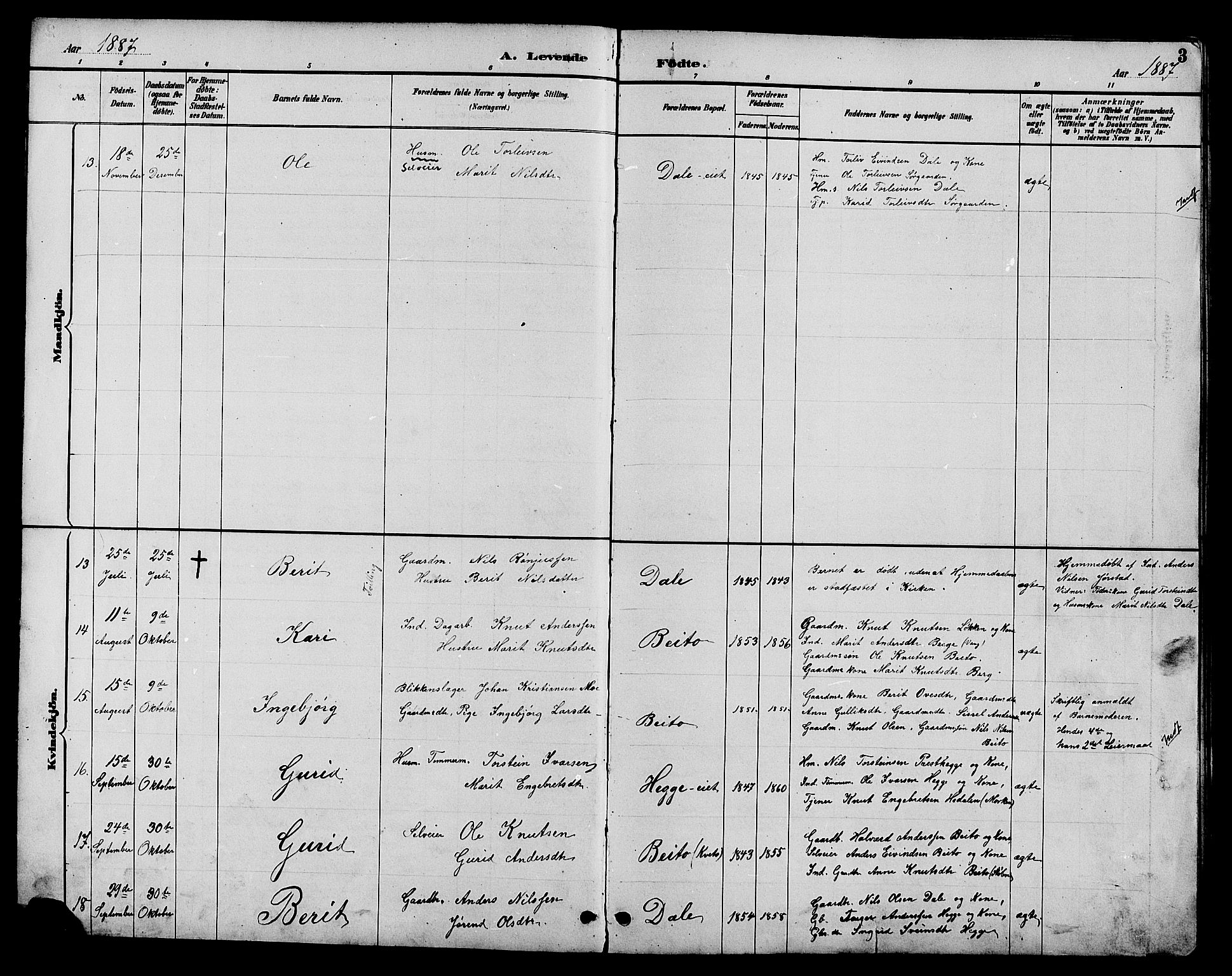 Øystre Slidre prestekontor, AV/SAH-PREST-138/H/Ha/Hab/L0004: Parish register (copy) no. 4, 1887-1907, p. 3