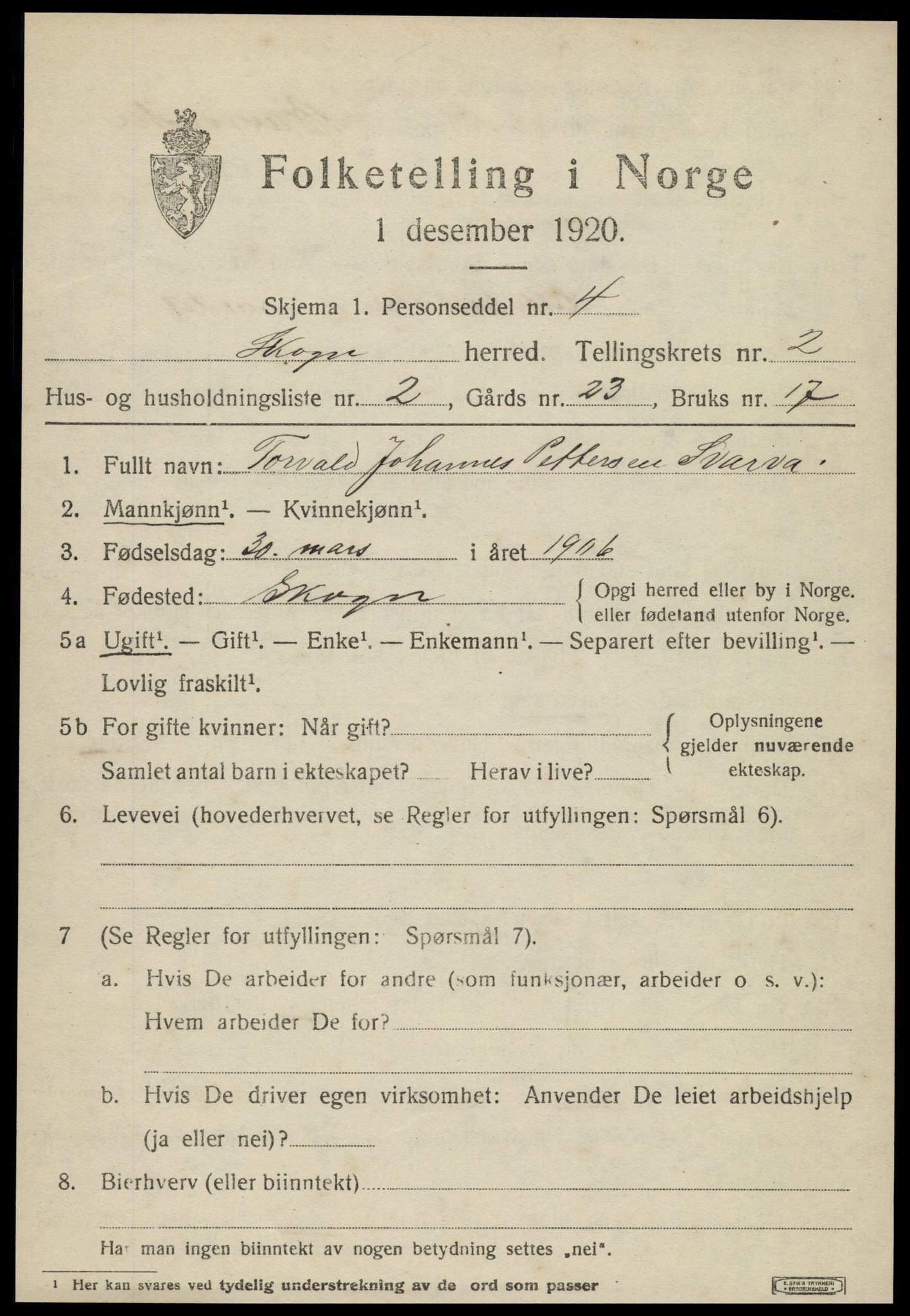 SAT, 1920 census for Skogn, 1920, p. 3041