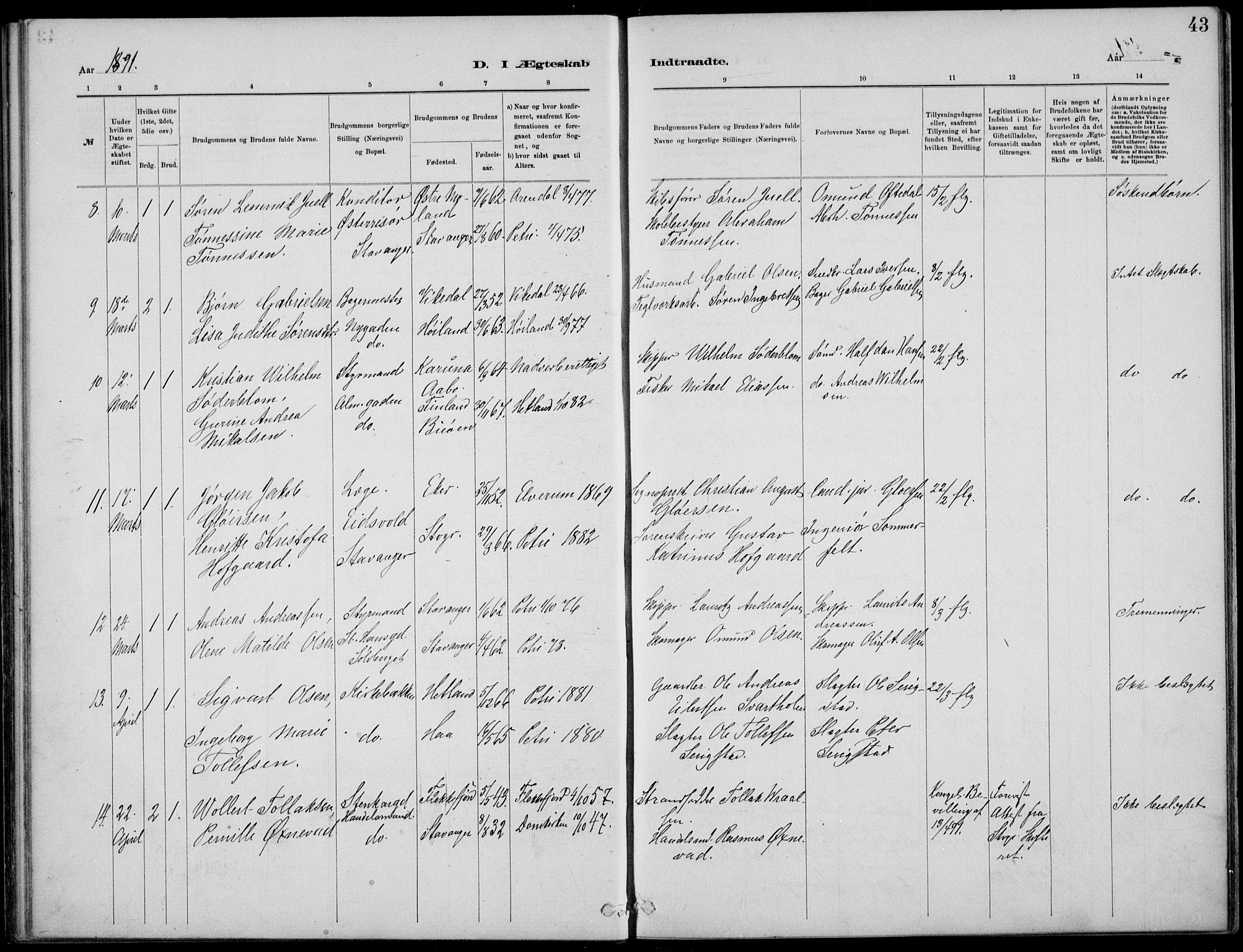 St. Petri sokneprestkontor, AV/SAST-A-101813/001/30/30BB/L0005: Parish register (copy) no. B 5, 1878-1895, p. 43