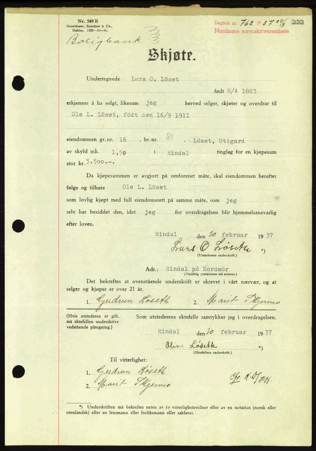 Nordmøre sorenskriveri, AV/SAT-A-4132/1/2/2Ca: Mortgage book no. A81, 1937-1937, Diary no: : 762/1937