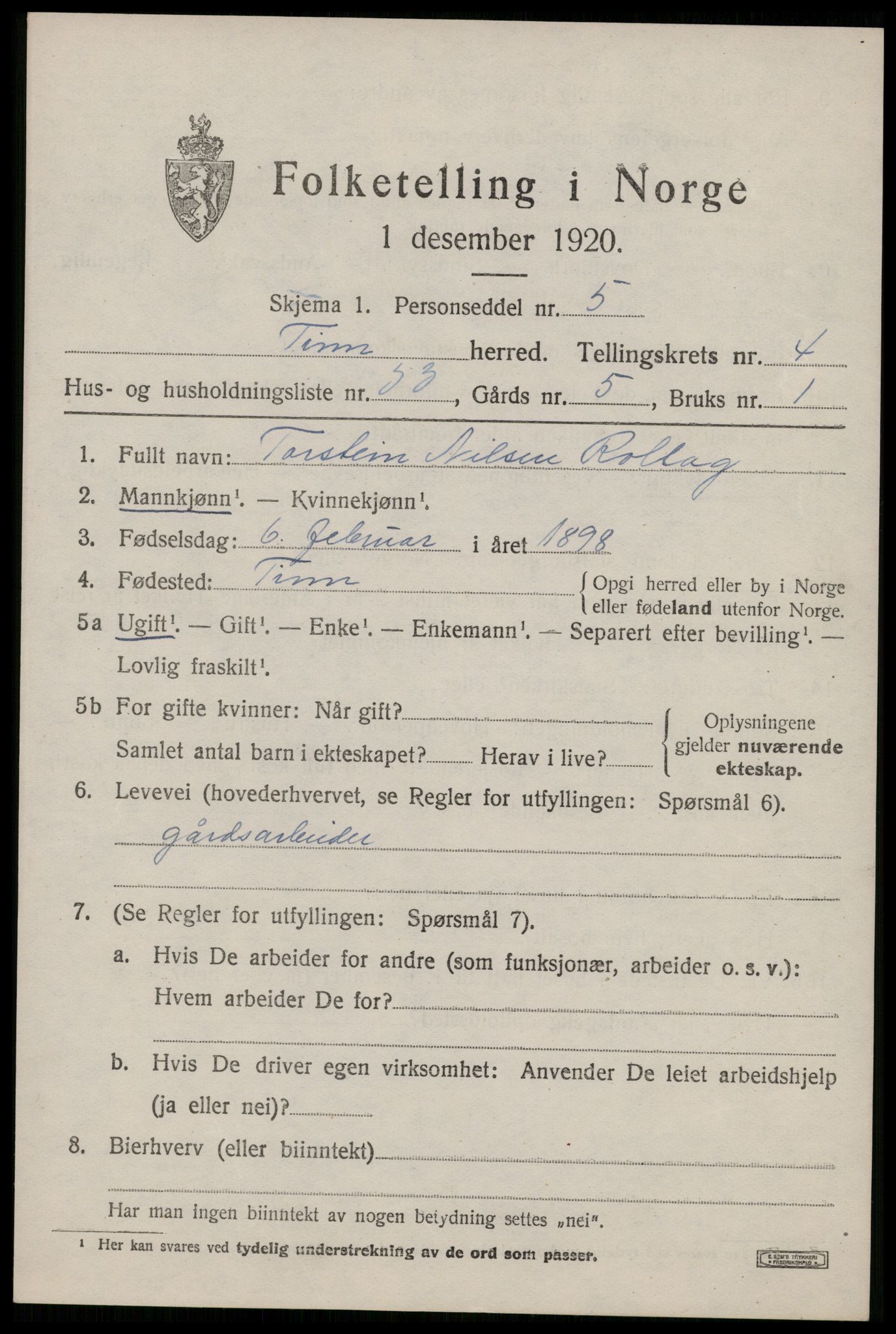 SAKO, 1920 census for Tinn, 1920, p. 4344