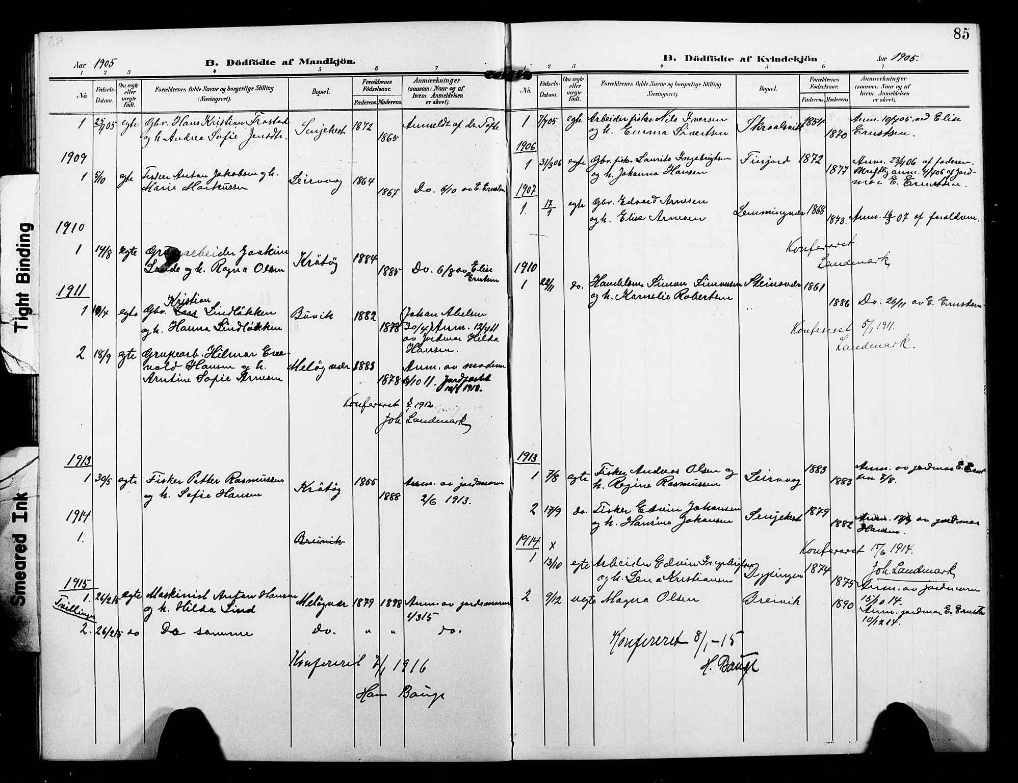 Sand/Bjarkøy sokneprestkontor, AV/SATØ-S-0811/I/Ia/Iab/L0004klokker: Parish register (copy) no. 4, 1905-1918, p. 85