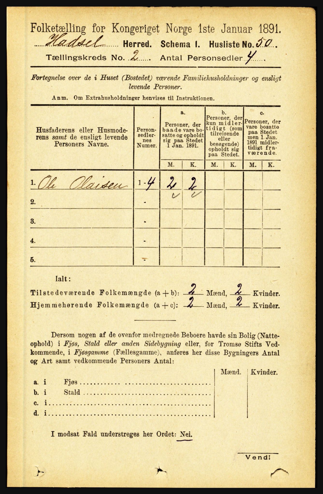 RA, 1891 census for 1866 Hadsel, 1891, p. 644