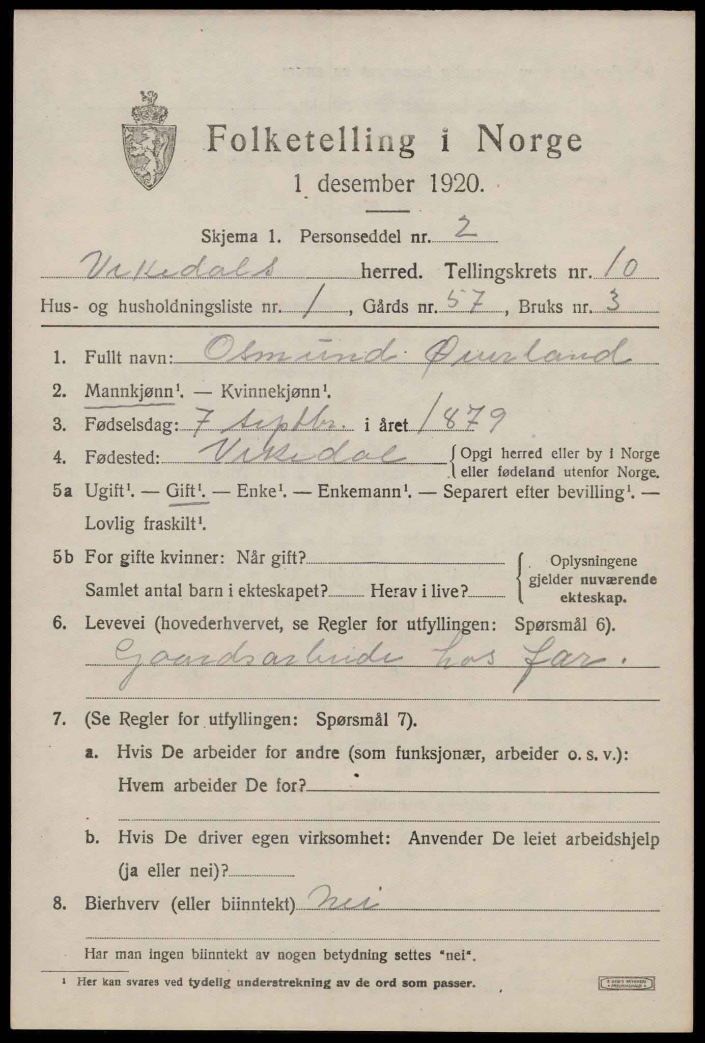 SAST, 1920 census for Vikedal, 1920, p. 3389