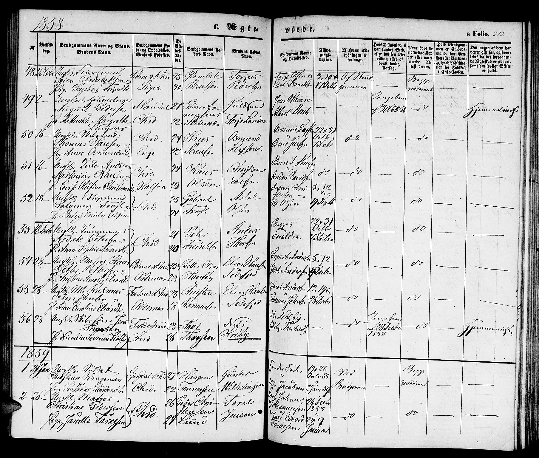 Kristiansand domprosti, AV/SAK-1112-0006/F/Fb/L0011: Parish register (copy) no. B 11, 1851-1861, p. 212