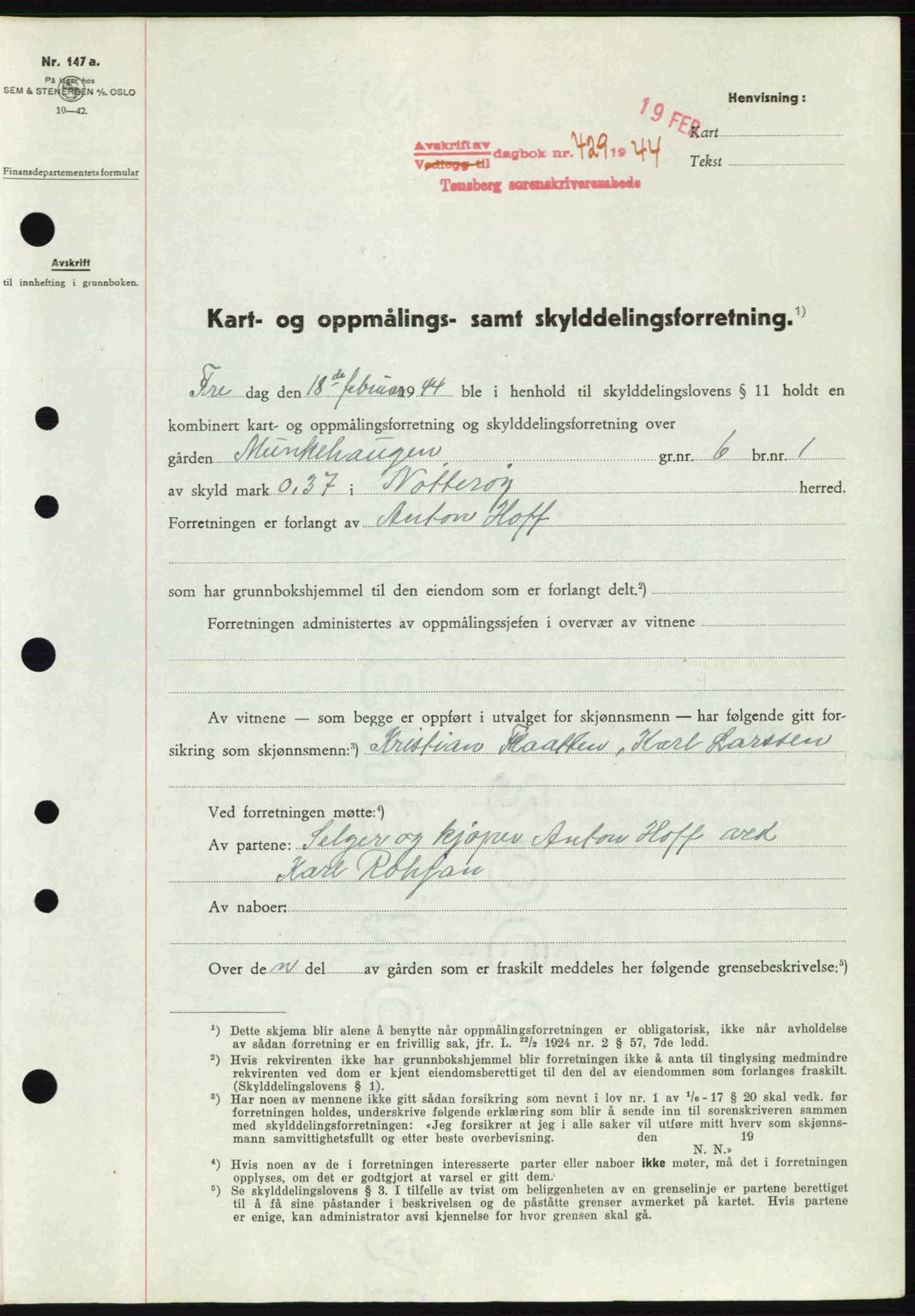 Tønsberg sorenskriveri, AV/SAKO-A-130/G/Ga/Gaa/L0014: Mortgage book no. A14, 1943-1944, Diary no: : 429/1944