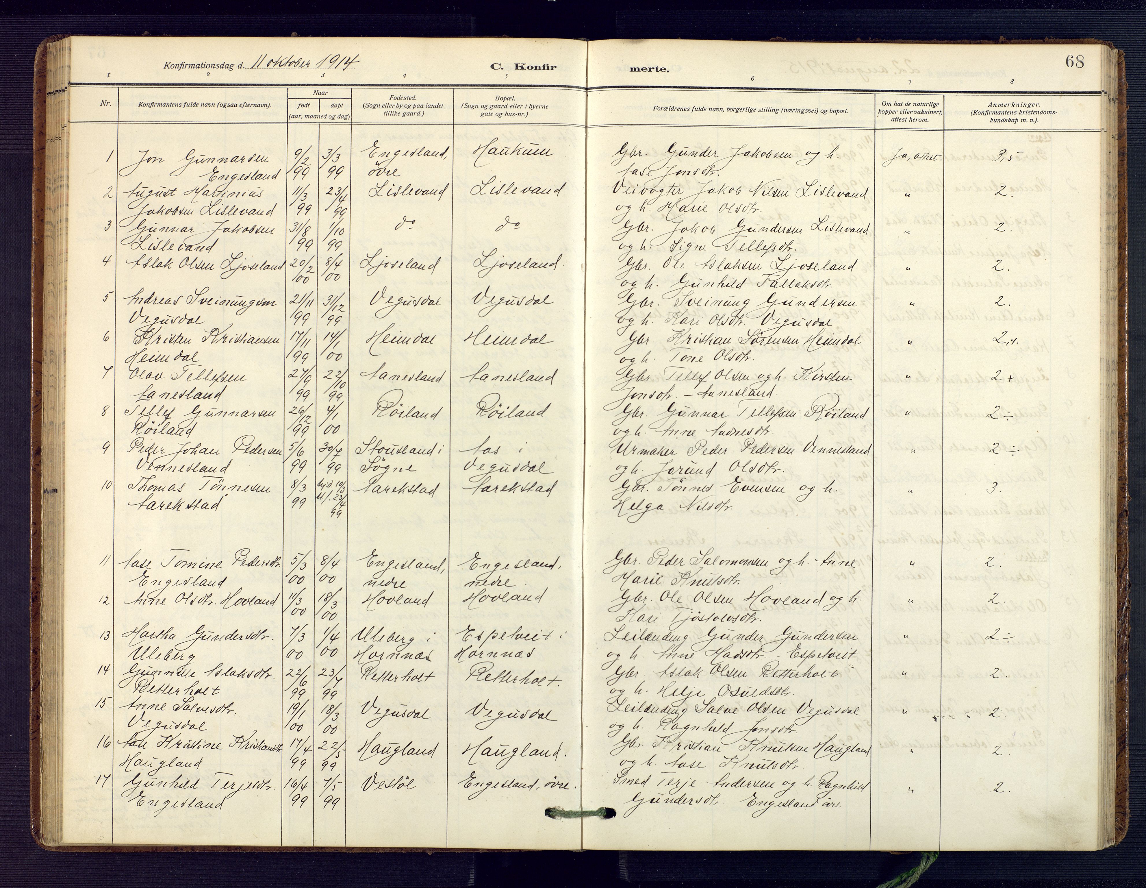 Herefoss sokneprestkontor, SAK/1111-0019/F/Fa/Fab/L0005: Parish register (official) no. A 5, 1910-1932, p. 68