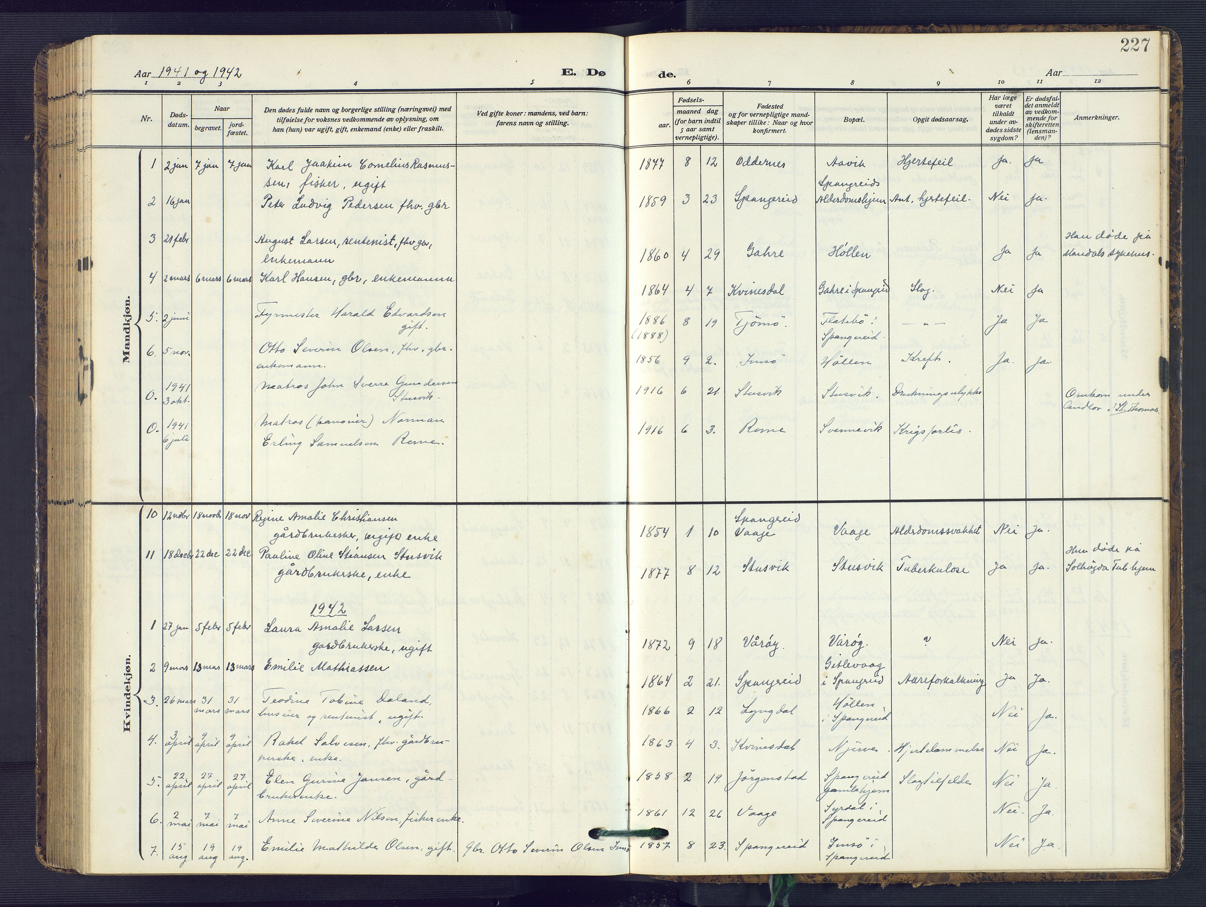 Sør-Audnedal sokneprestkontor, SAK/1111-0039/F/Fb/Fba/L0005: Parish register (copy) no. B 5, 1908-1963, p. 227