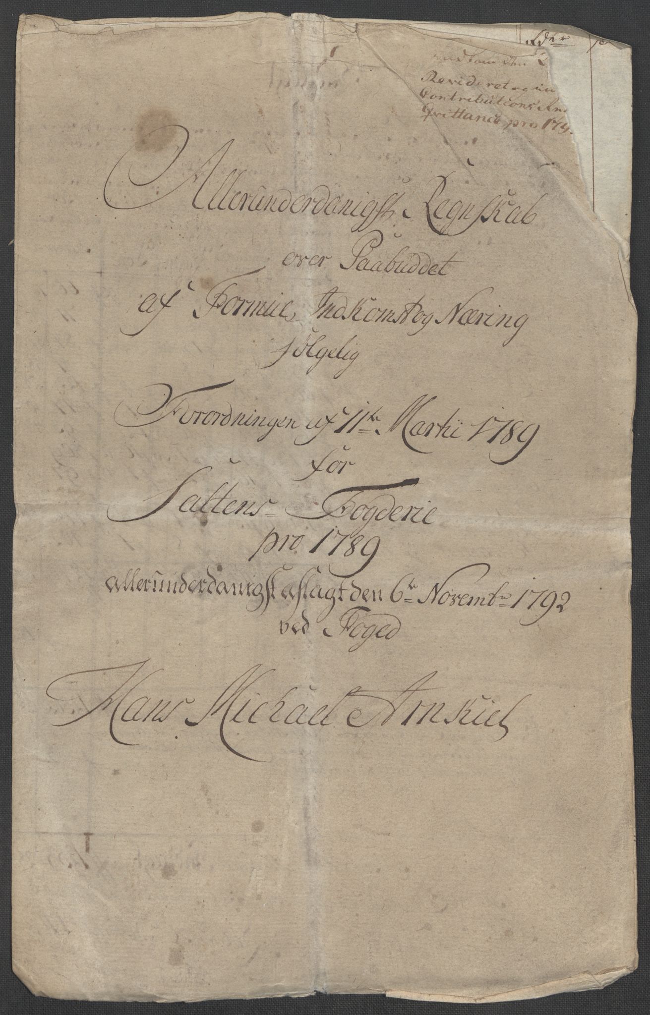 Rentekammeret inntil 1814, Reviderte regnskaper, Mindre regnskaper, AV/RA-EA-4068/Rf/Rfe/L0040: Ryfylke fogderi, Råbyggelaget fogderi, Salten fogderi, 1789, p. 329