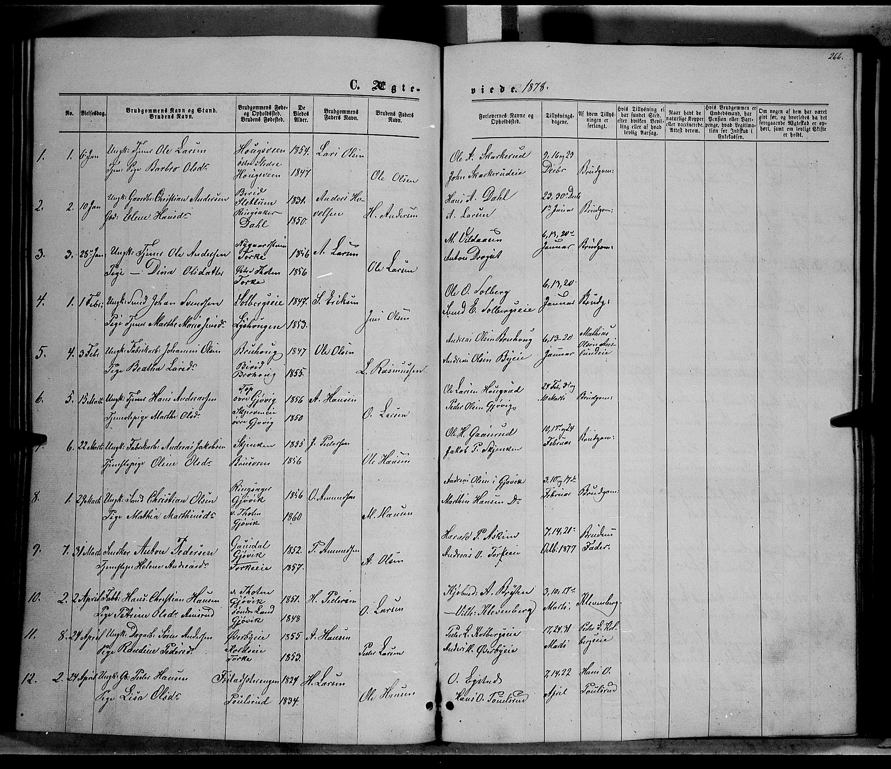 Vardal prestekontor, SAH/PREST-100/H/Ha/Hab/L0006: Parish register (copy) no. 6, 1869-1881, p. 266