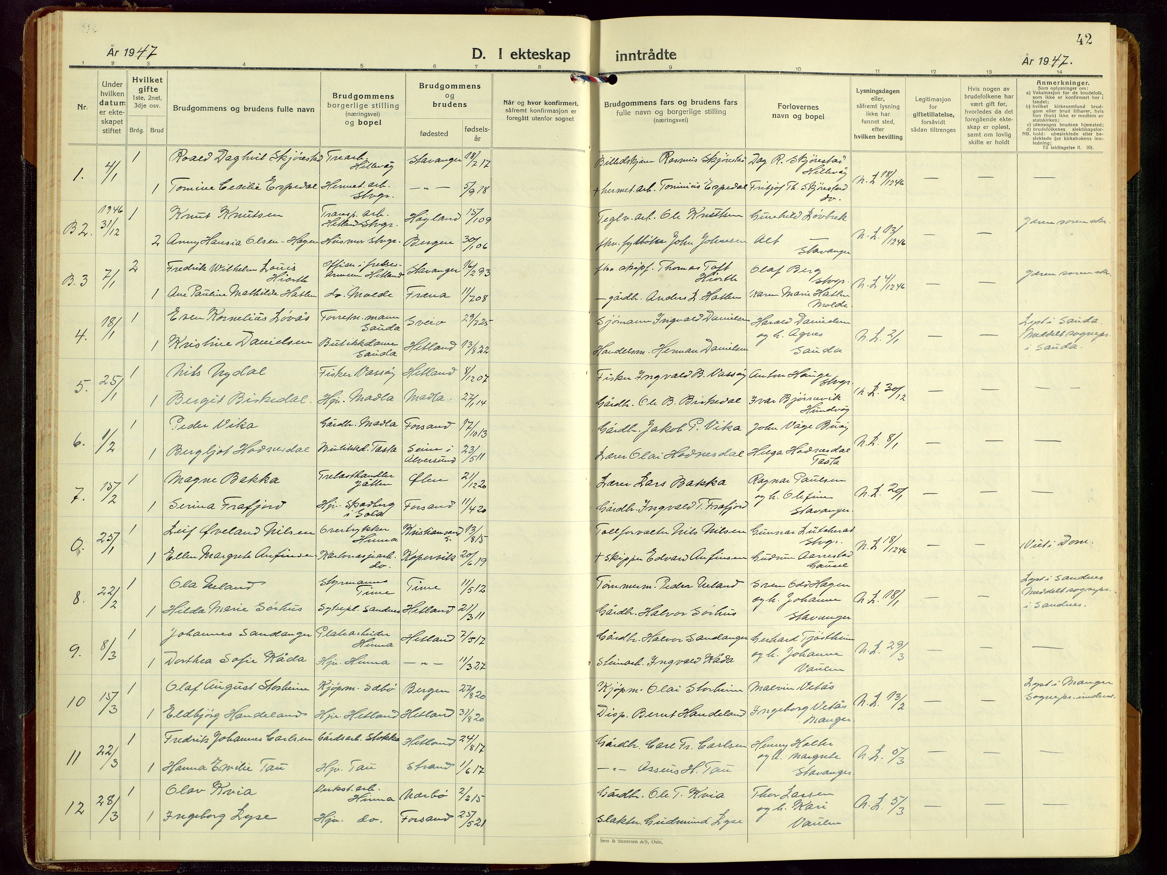 Hetland sokneprestkontor, SAST/A-101826/30/30BB/L0016: Parish register (copy) no. B 16, 1942-1960, p. 42