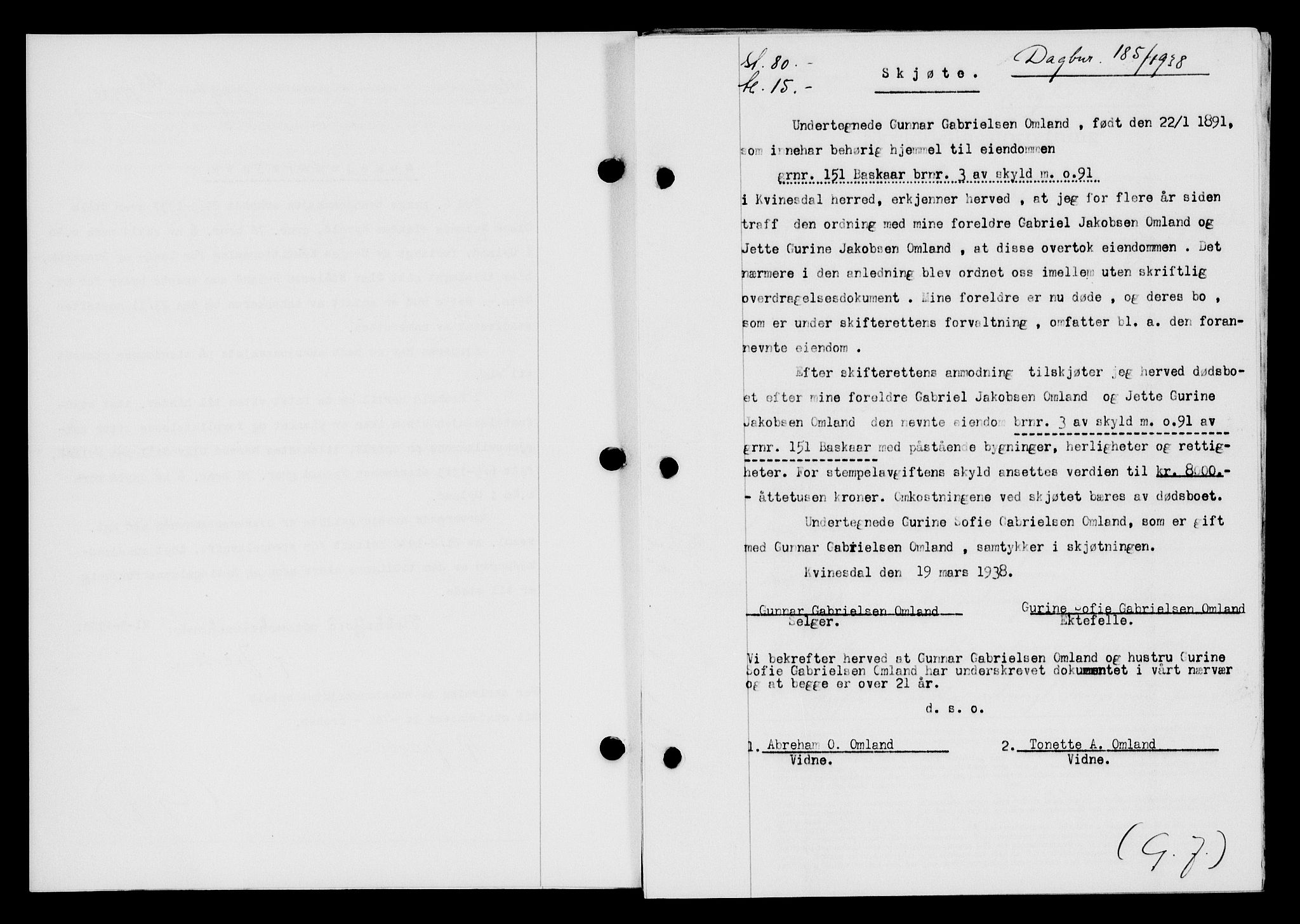 Flekkefjord sorenskriveri, SAK/1221-0001/G/Gb/Gba/L0054: Mortgage book no. A-2, 1937-1938, Diary no: : 185/1938
