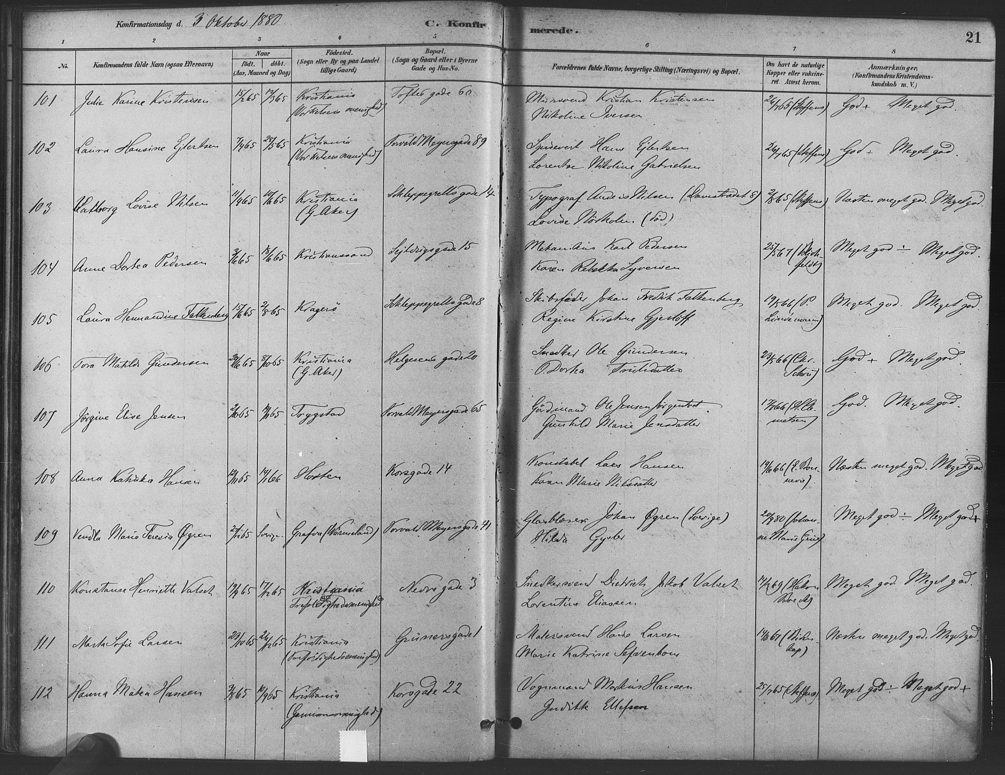 Paulus prestekontor Kirkebøker, AV/SAO-A-10871/F/Fa/L0004: Parish register (official) no. 4, 1879-1891, p. 21