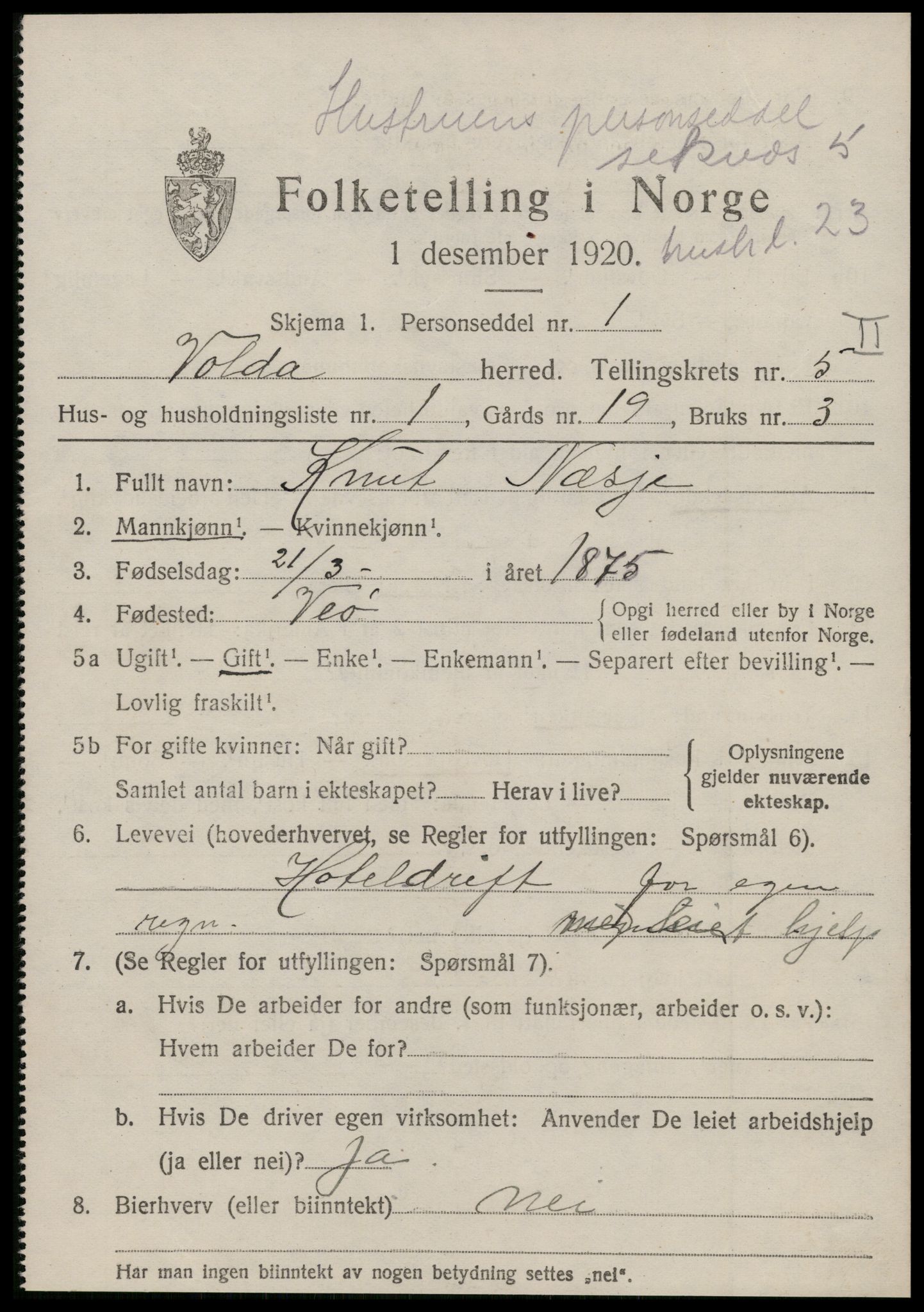 SAT, 1920 census for Volda, 1920, p. 3690