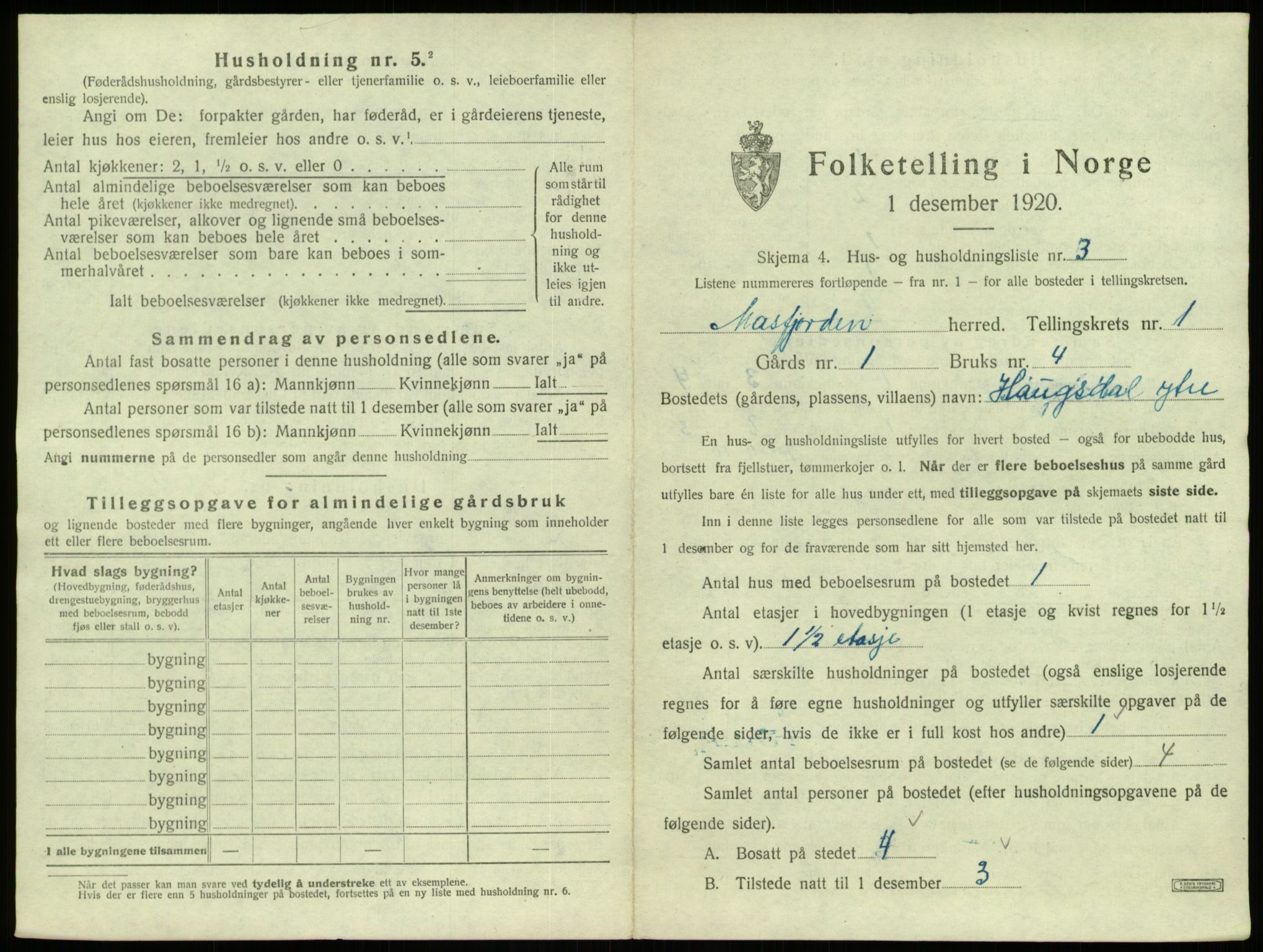 SAB, 1920 census for Masfjorden, 1920, p. 56