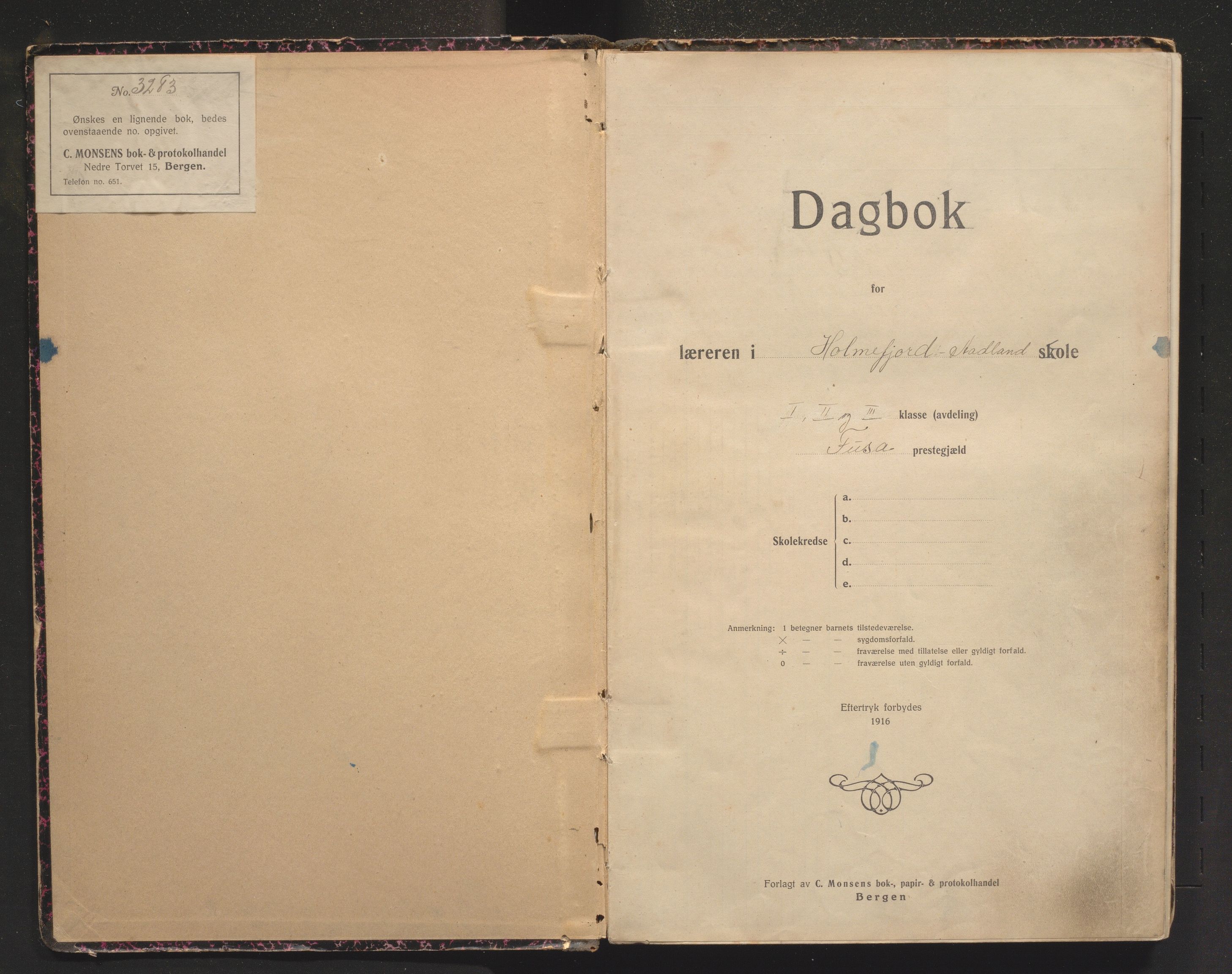 Fusa kommune. Barneskulane, IKAH/1241-231/G/Ga/L0010: Skuledagbok for Holmefjord og Ådland, 1919-1936