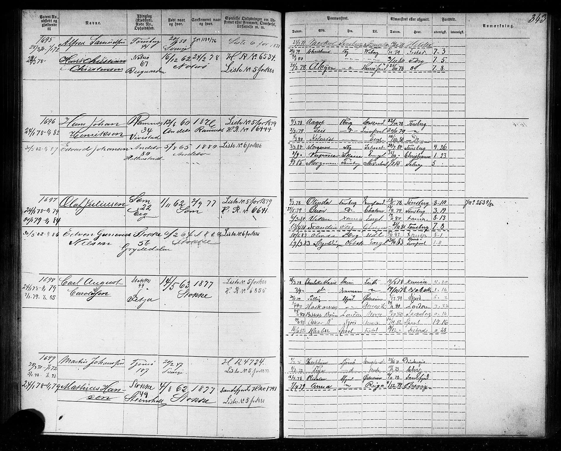 Tønsberg innrulleringskontor, SAKO/A-786/F/Fb/L0006: Annotasjonsrulle Patent nr. 1-2635, 1868-1877, p. 343