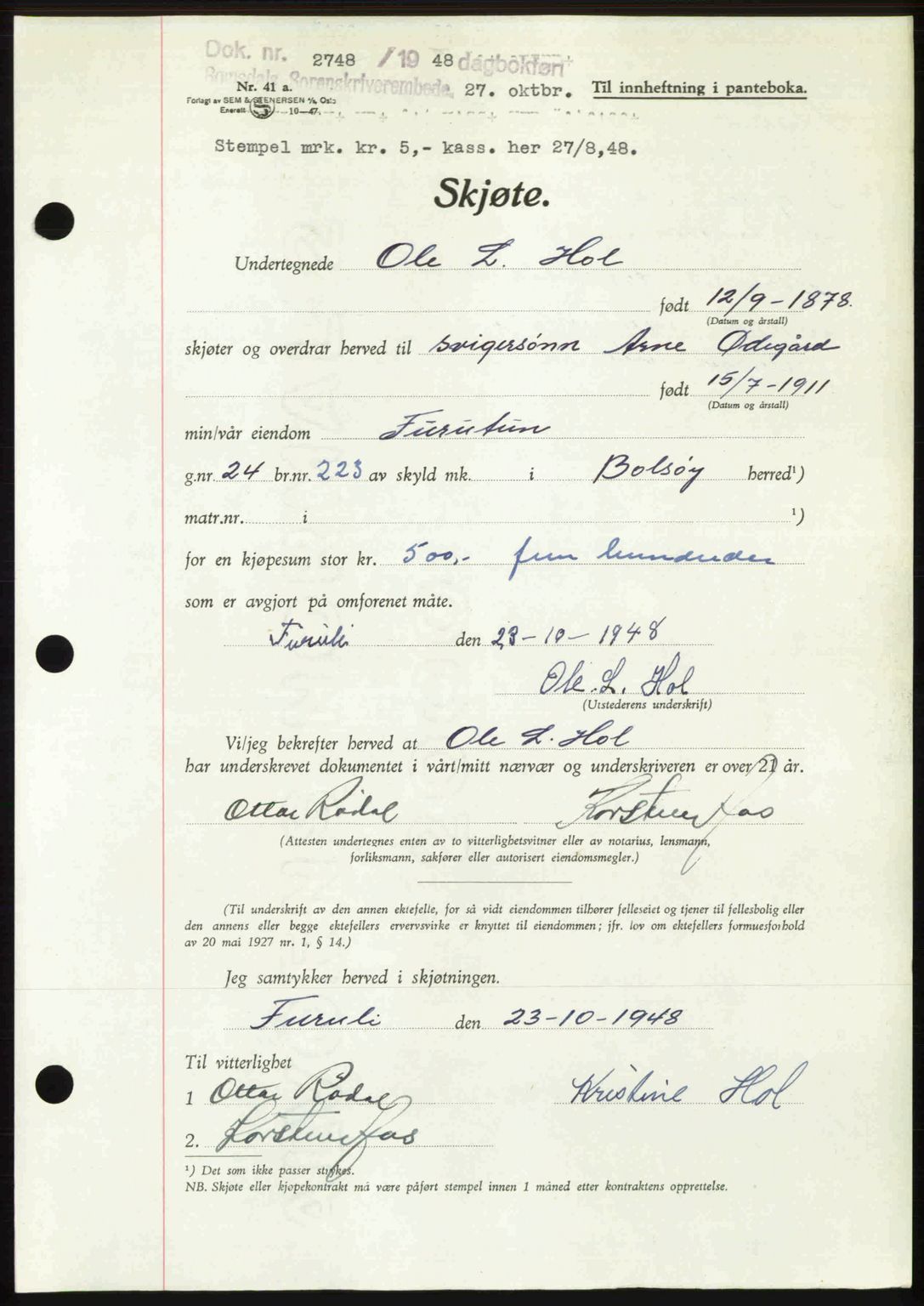 Romsdal sorenskriveri, AV/SAT-A-4149/1/2/2C: Mortgage book no. A27, 1948-1948, Diary no: : 2748/1948