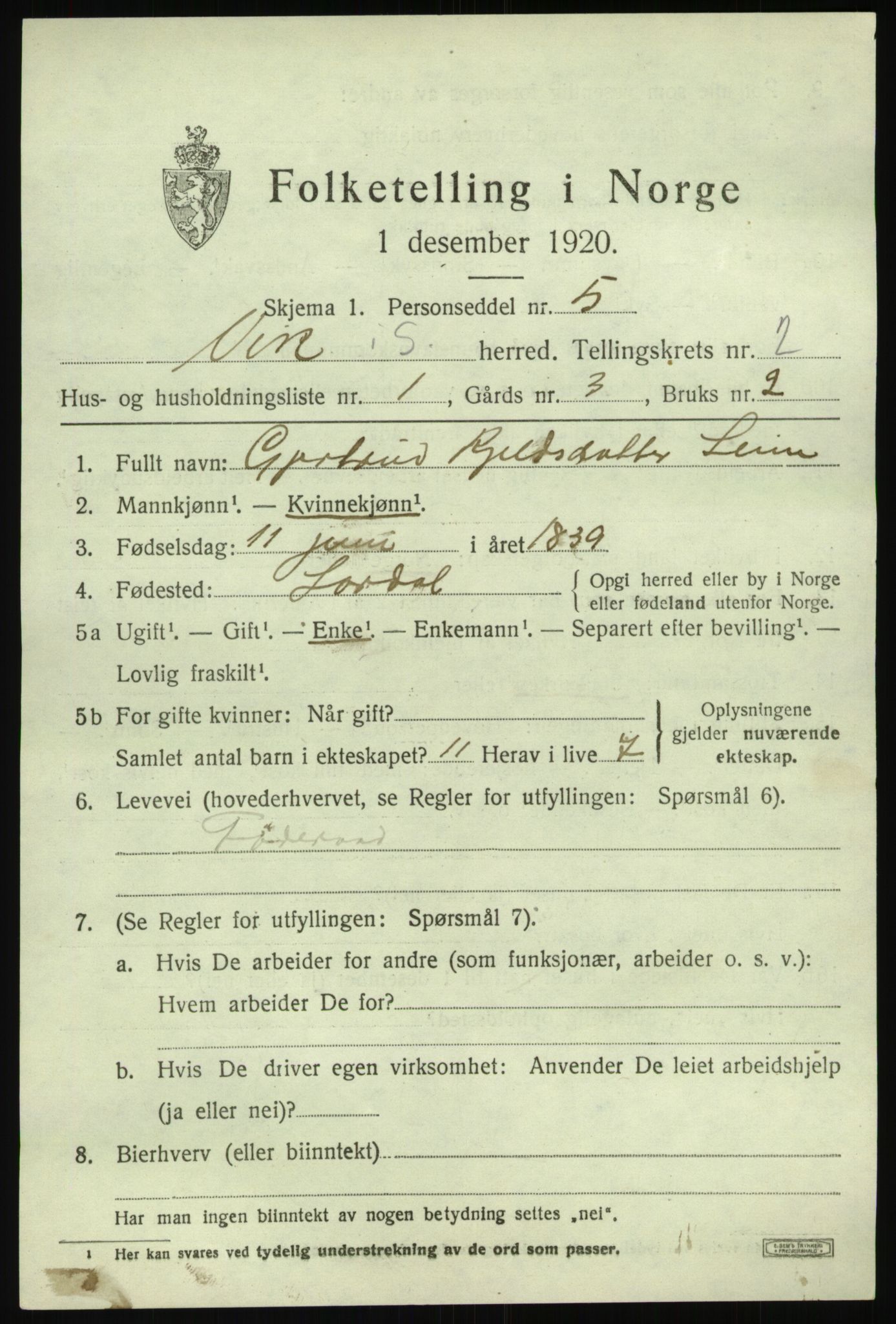 SAB, 1920 census for Vik, 1920, p. 2105