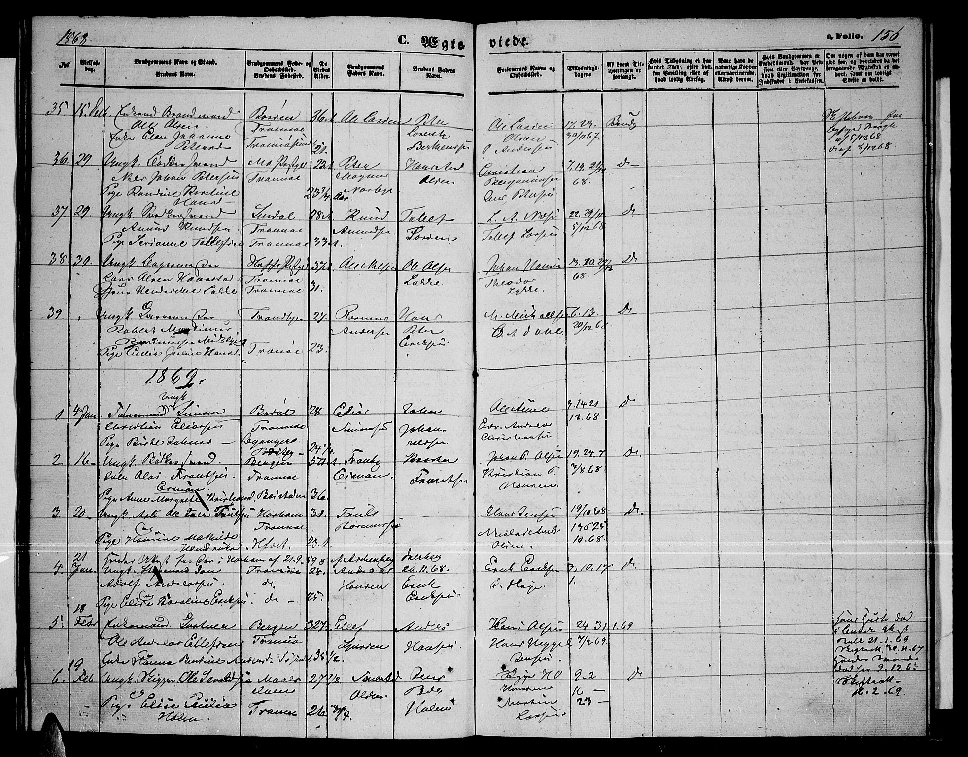 Tromsø sokneprestkontor/stiftsprosti/domprosti, AV/SATØ-S-1343/G/Gb/L0007klokker: Parish register (copy) no. 7, 1867-1875, p. 156