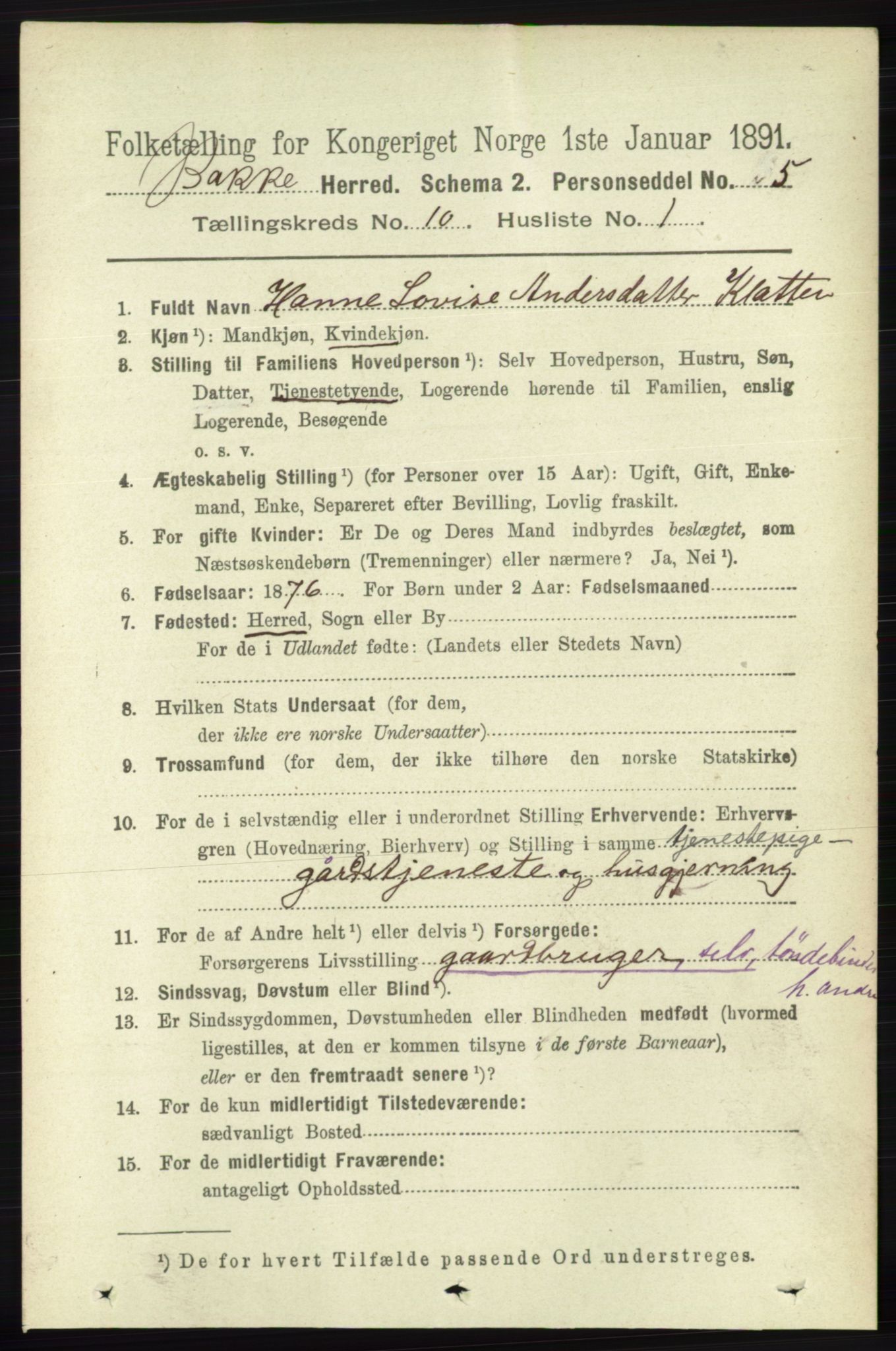 RA, 1891 census for 1045 Bakke, 1891, p. 2006