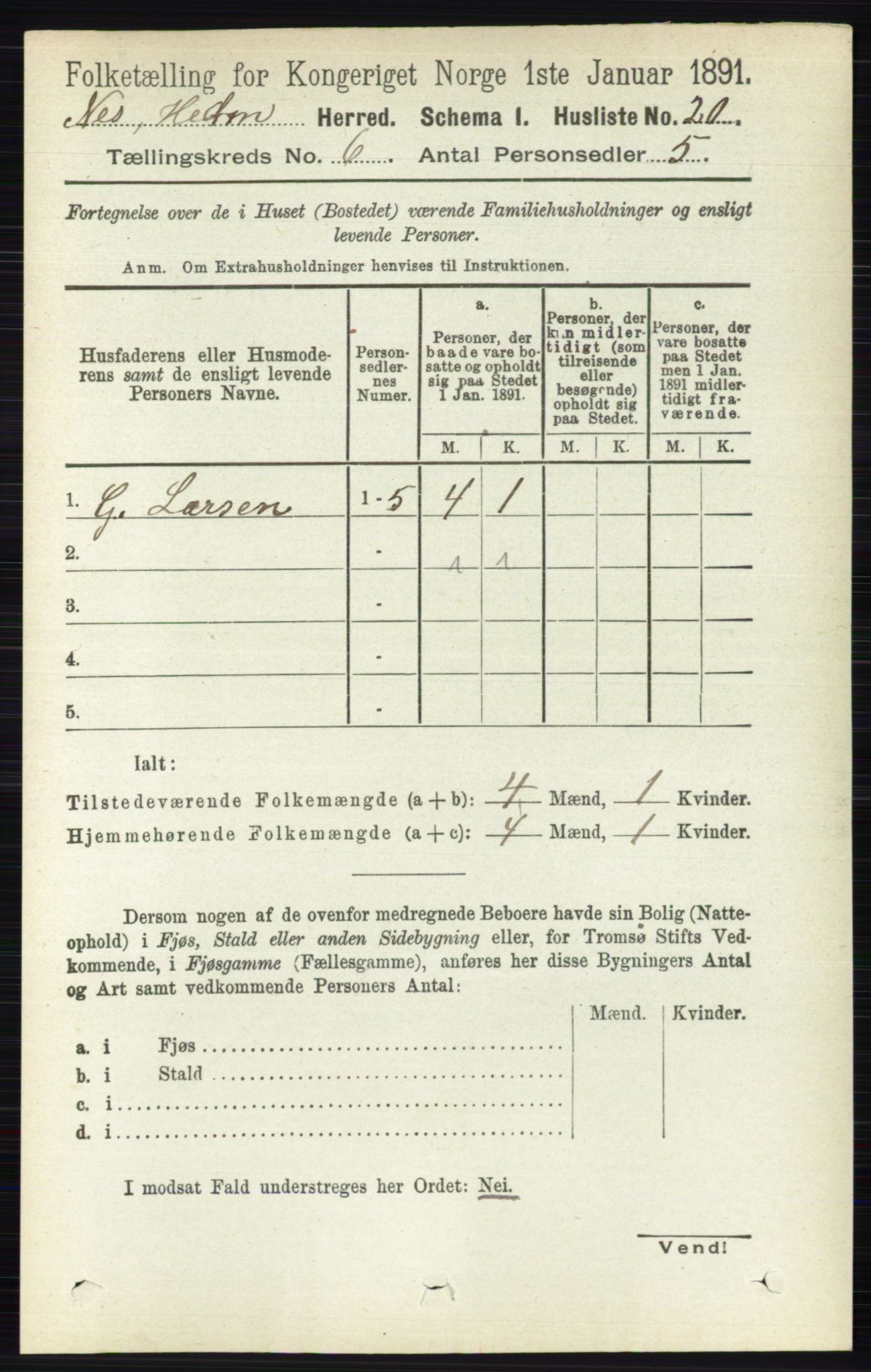 RA, 1891 census for 0411 Nes, 1891, p. 3188