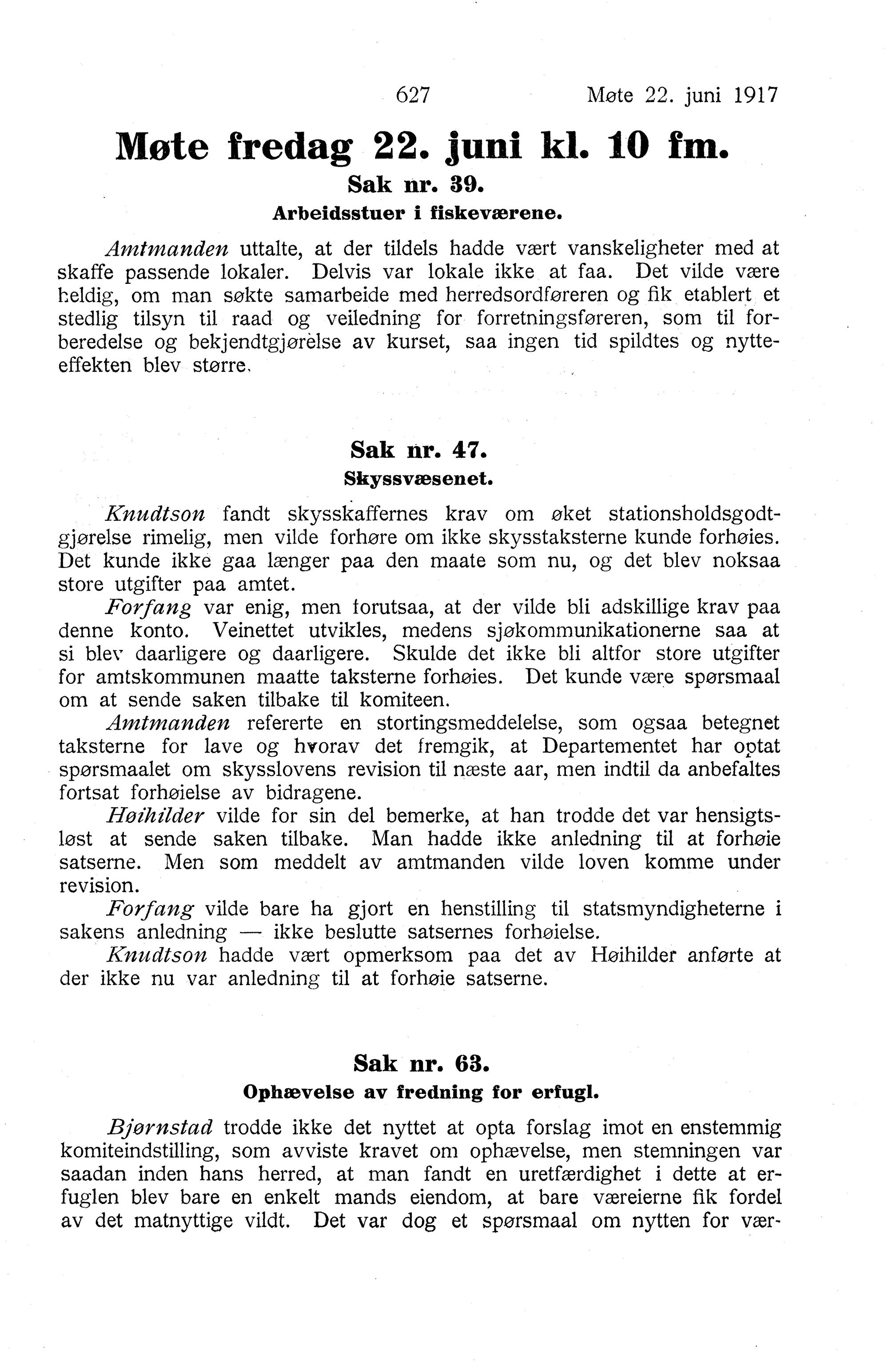 Nordland Fylkeskommune. Fylkestinget, AIN/NFK-17/176/A/Ac/L0040: Fylkestingsforhandlinger 1917, 1917, p. 627
