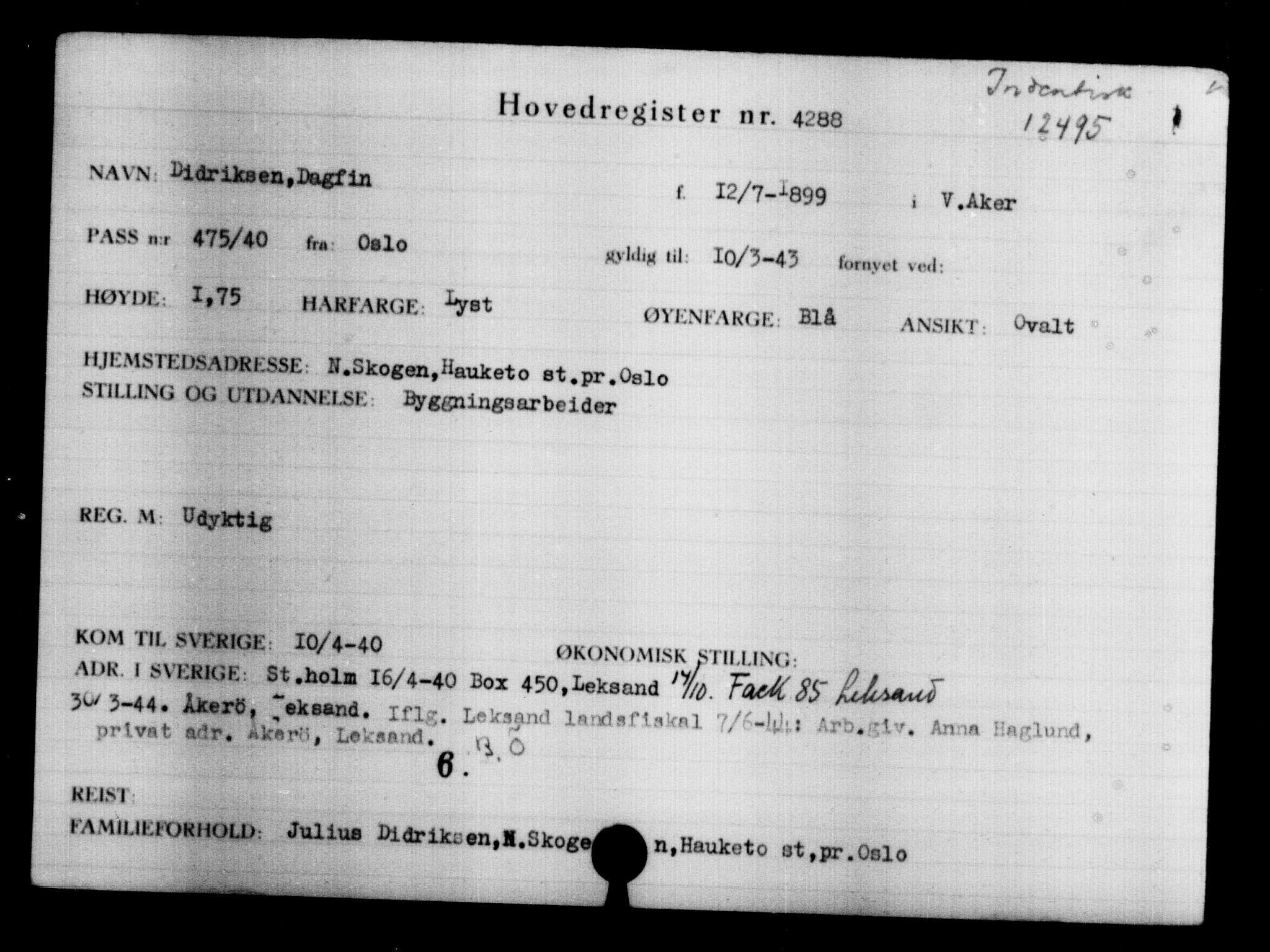 Utenriksstasjonene, Legasjonen i Stockholm, Flyktningkontoret, AV/RA-S-6753/V/Va/L0004: Kjesäterkartoteket, flyktninger med registreringsnr. 3496-6610, 1940-1945, p. 960