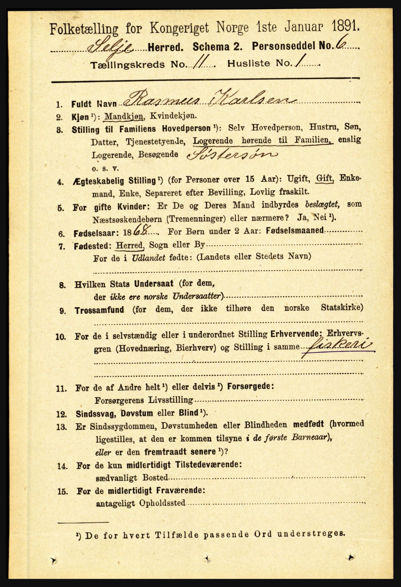 RA, 1891 census for 1441 Selje, 1891, p. 3420