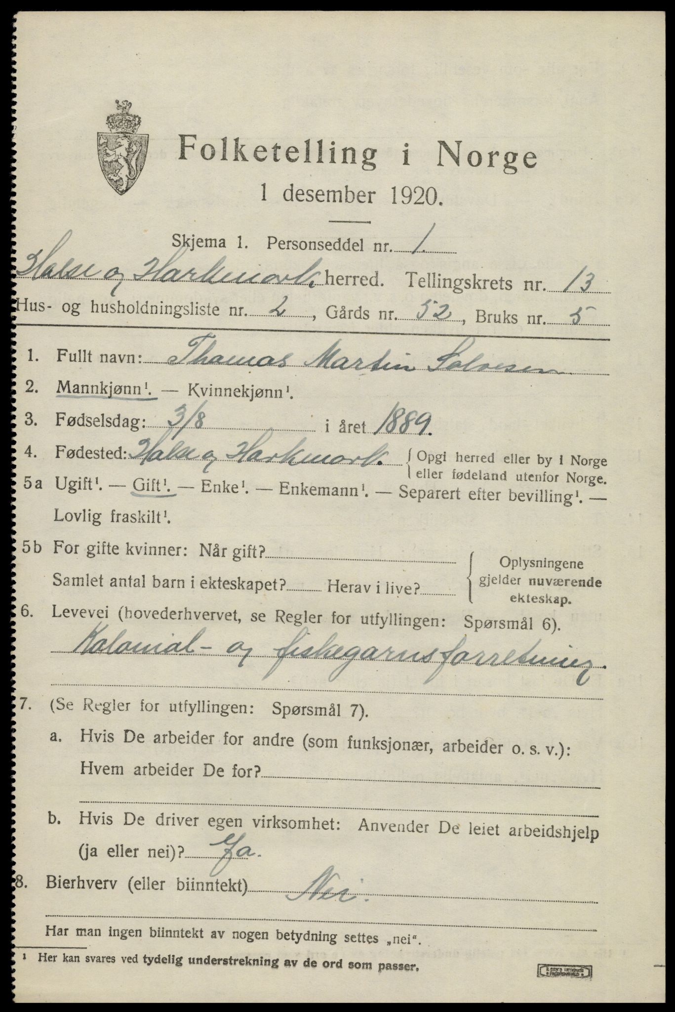 SAK, 1920 census for Halse og Harkmark, 1920, p. 7063