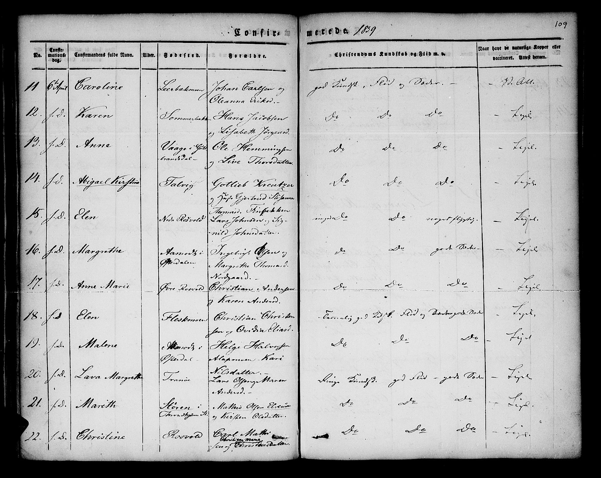 Lenvik sokneprestembete, SATØ/S-1310/H/Ha/Haa/L0004kirke: Parish register (official) no. 4, 1832-1844, p. 109