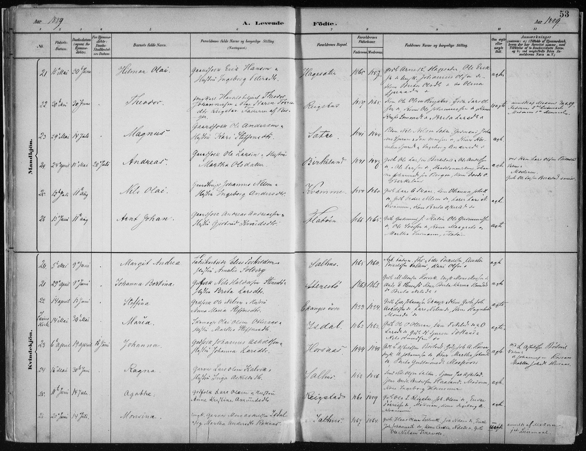 Hamre sokneprestembete, AV/SAB-A-75501/H/Ha/Haa/Haab/L0001: Parish register (official) no. B  1, 1882-1905, p. 53