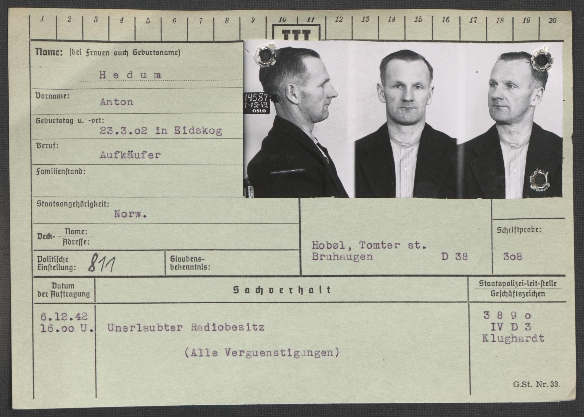 Befehlshaber der Sicherheitspolizei und des SD, RA/RAFA-5969/E/Ea/Eaa/L0004: Register over norske fanger i Møllergata 19: Hal-Hæ, 1940-1945, p. 821