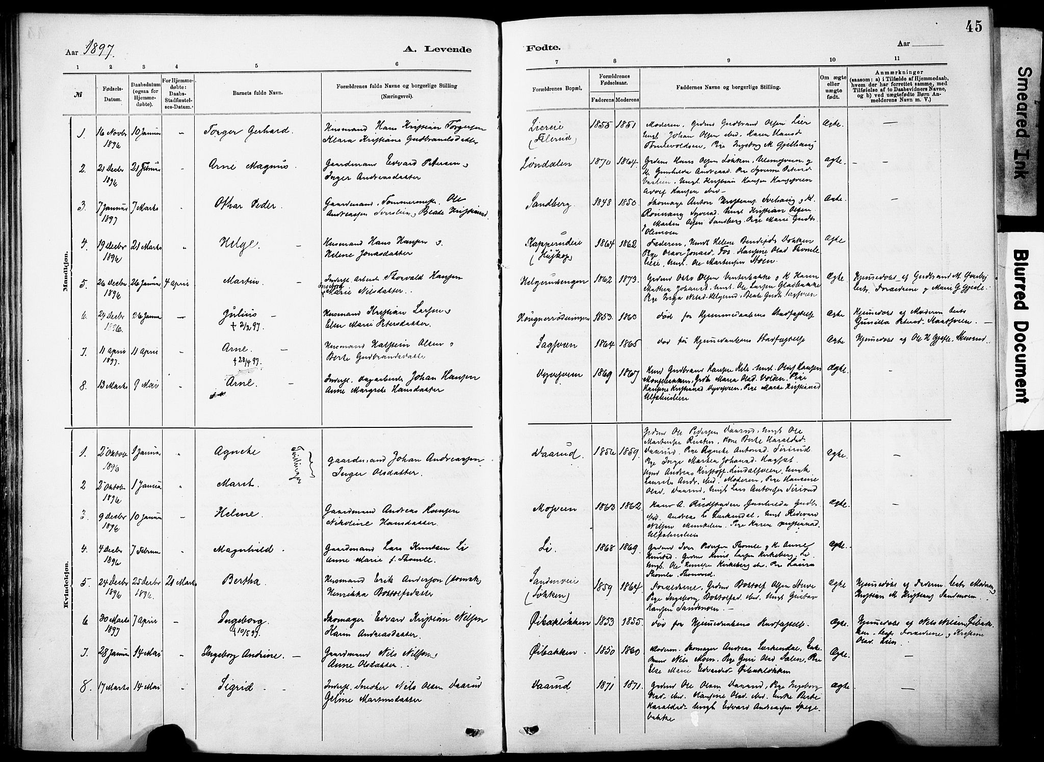 Nordre Land prestekontor, SAH/PREST-124/H/Ha/Haa/L0005: Parish register (official) no. 5, 1882-1903, p. 45