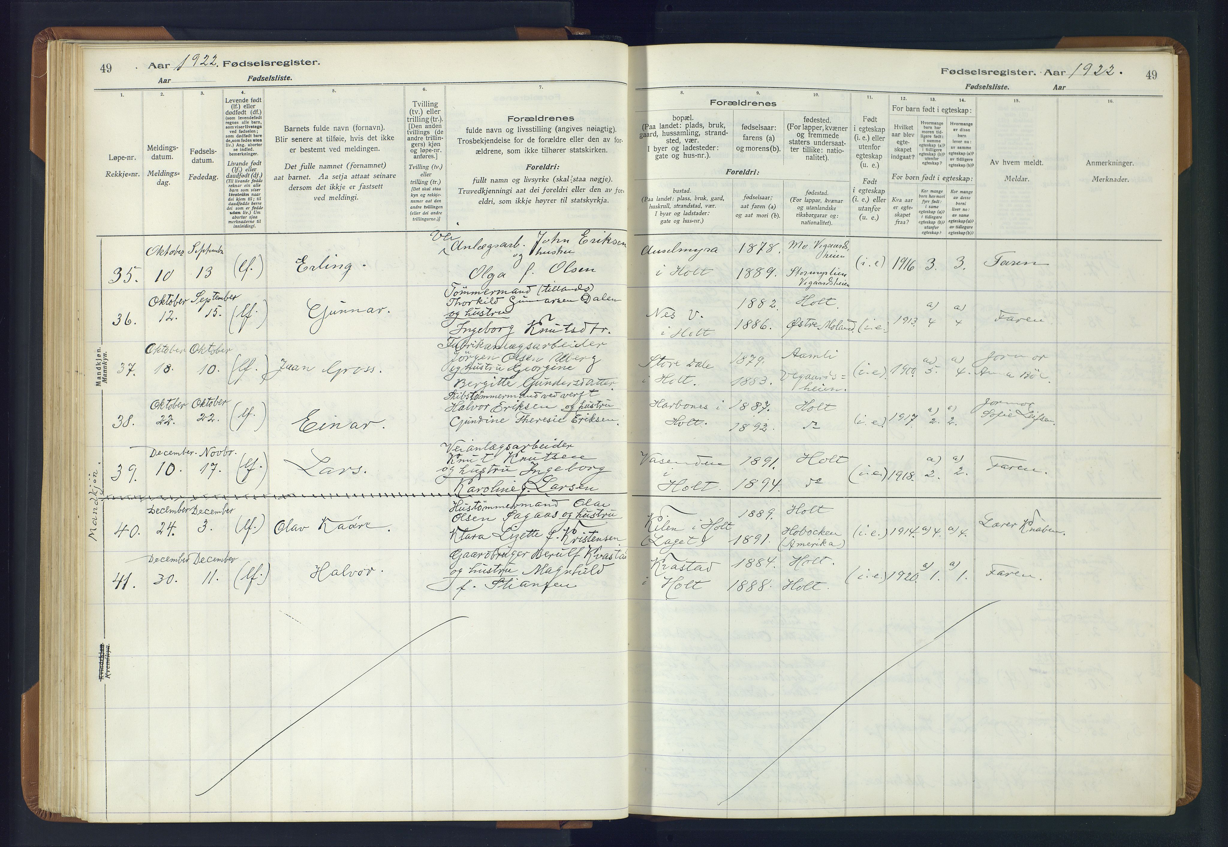 Holt sokneprestkontor, AV/SAK-1111-0021/J/Ja/L0001: Birth register no. II.4.1, 1916-1946, p. 49