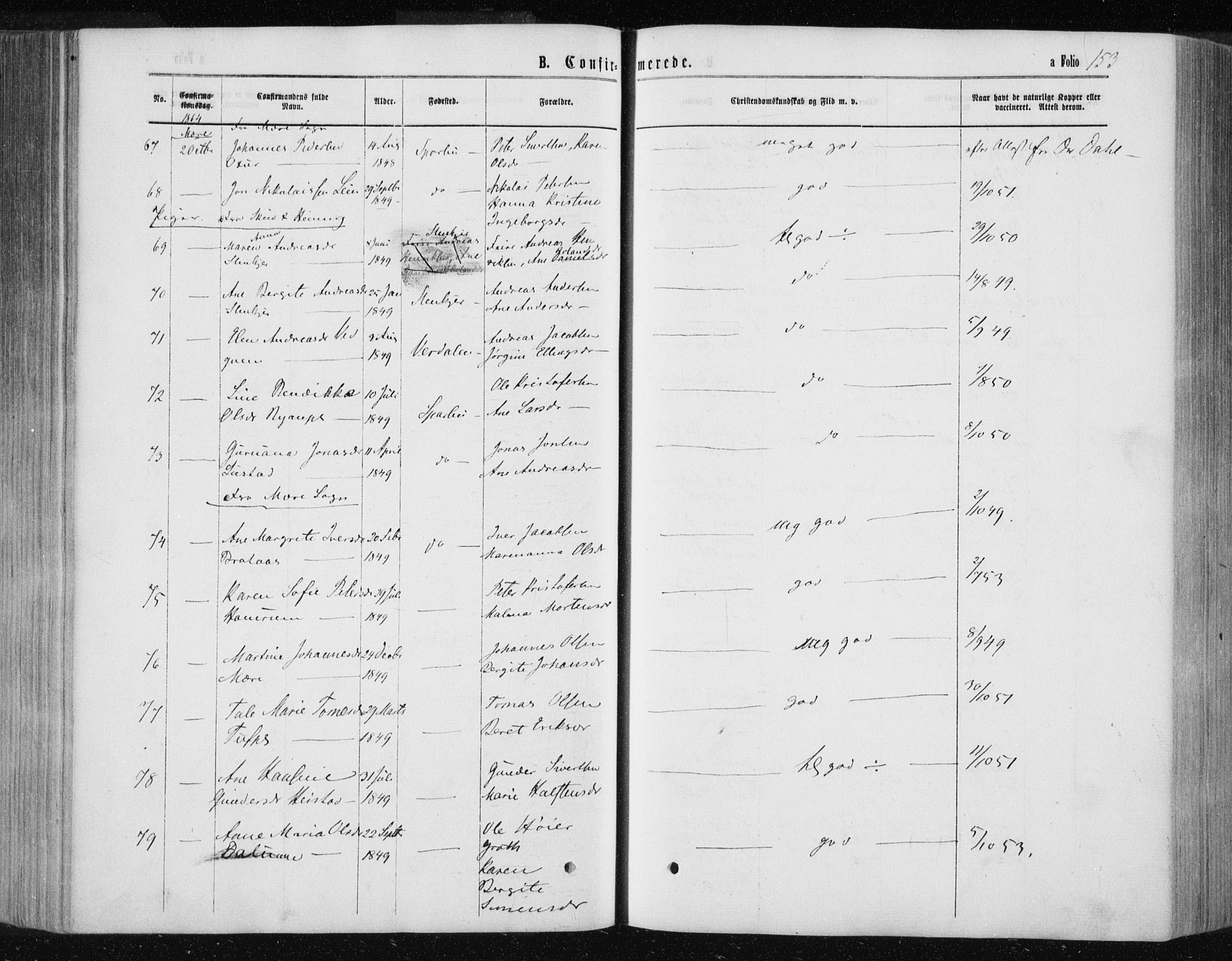 Ministerialprotokoller, klokkerbøker og fødselsregistre - Nord-Trøndelag, AV/SAT-A-1458/735/L0345: Parish register (official) no. 735A08 /1, 1863-1872, p. 153