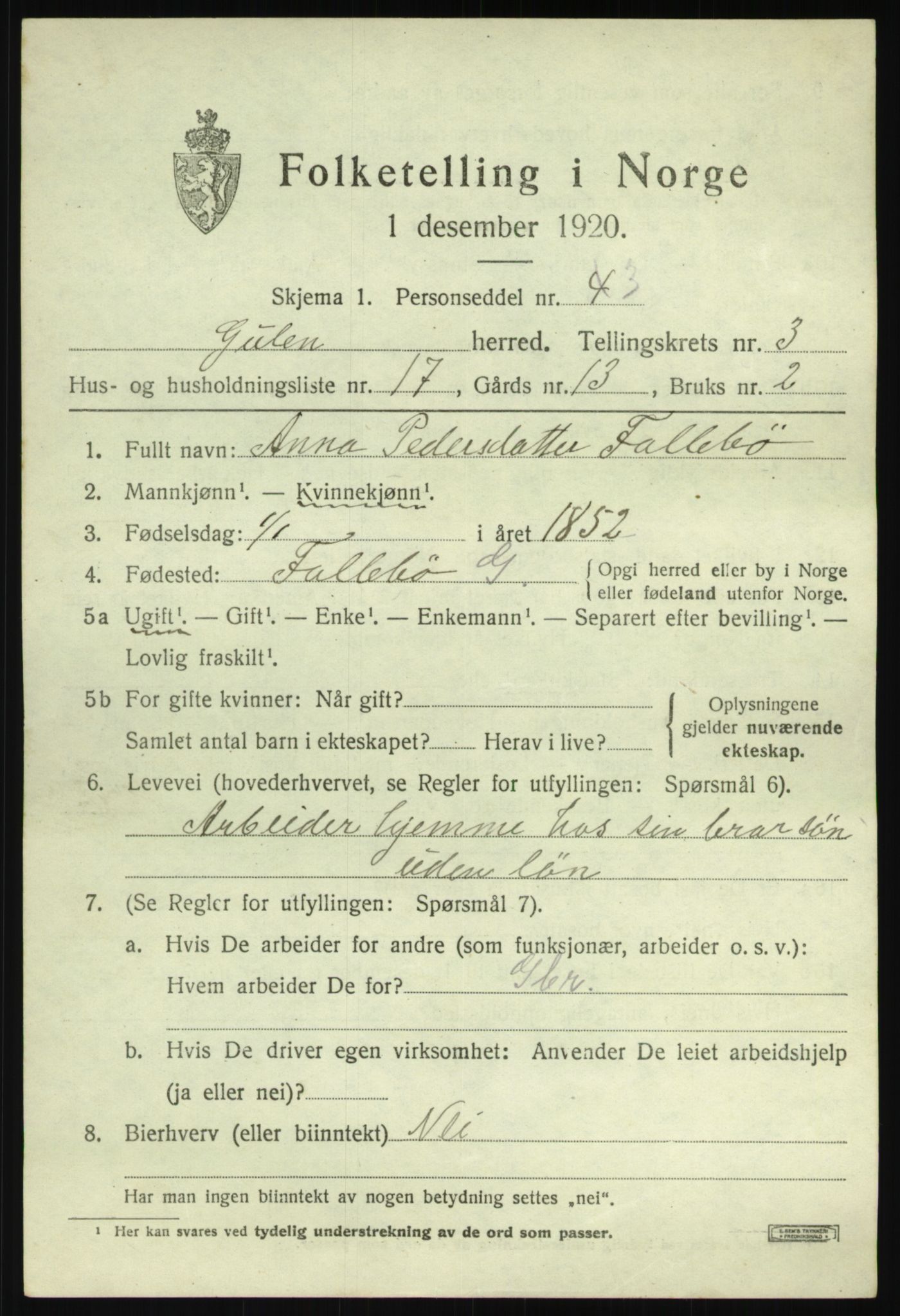 SAB, 1920 census for Gulen, 1920, p. 1705