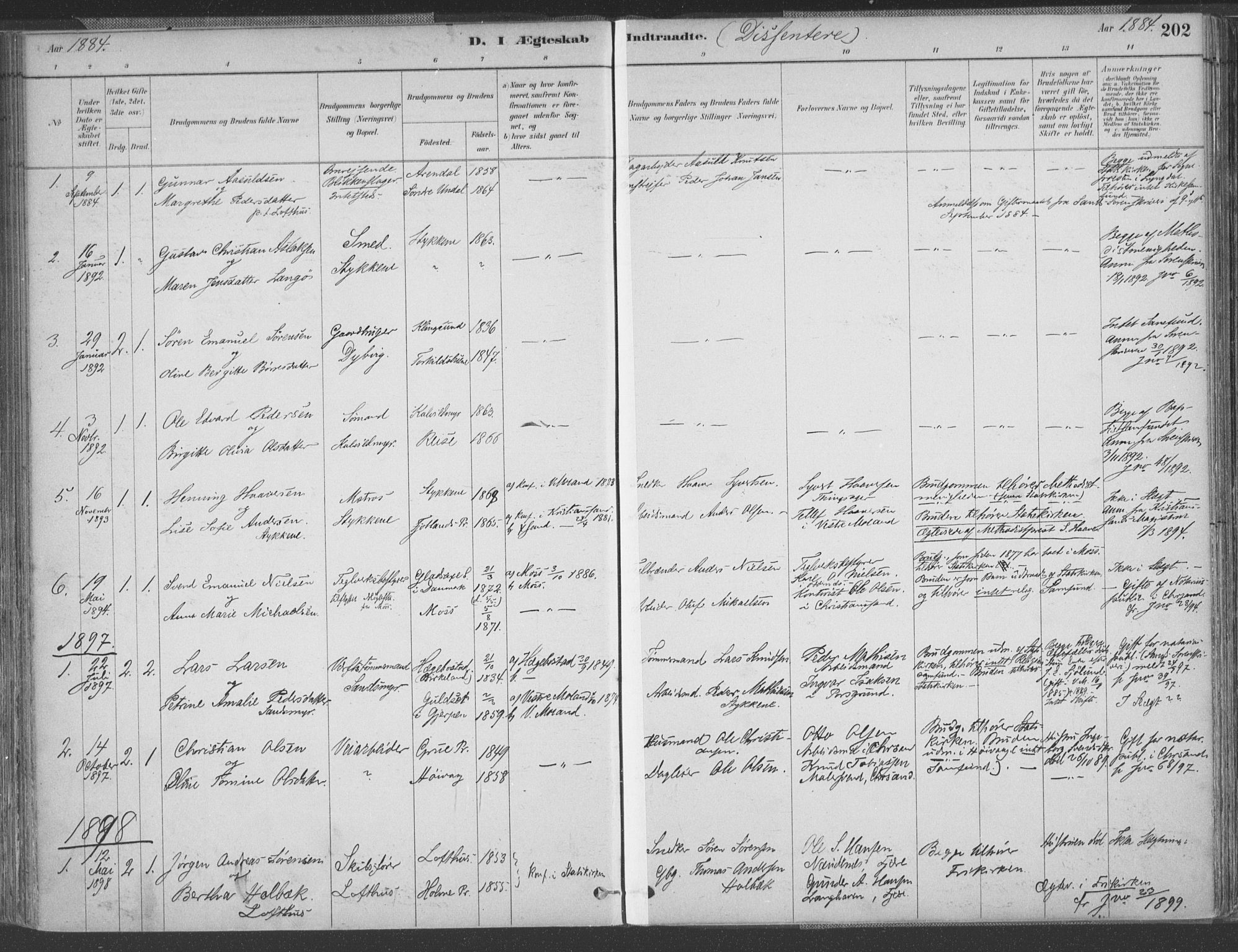 Vestre Moland sokneprestkontor, SAK/1111-0046/F/Fa/Fab/L0009: Parish register (official) no. A 9, 1884-1899, p. 202