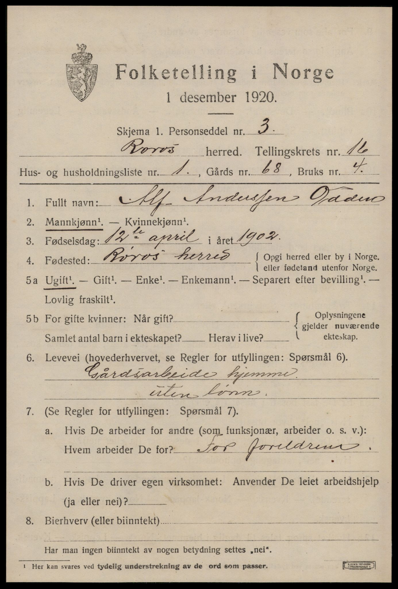 SAT, 1920 census for Røros, 1920, p. 10922