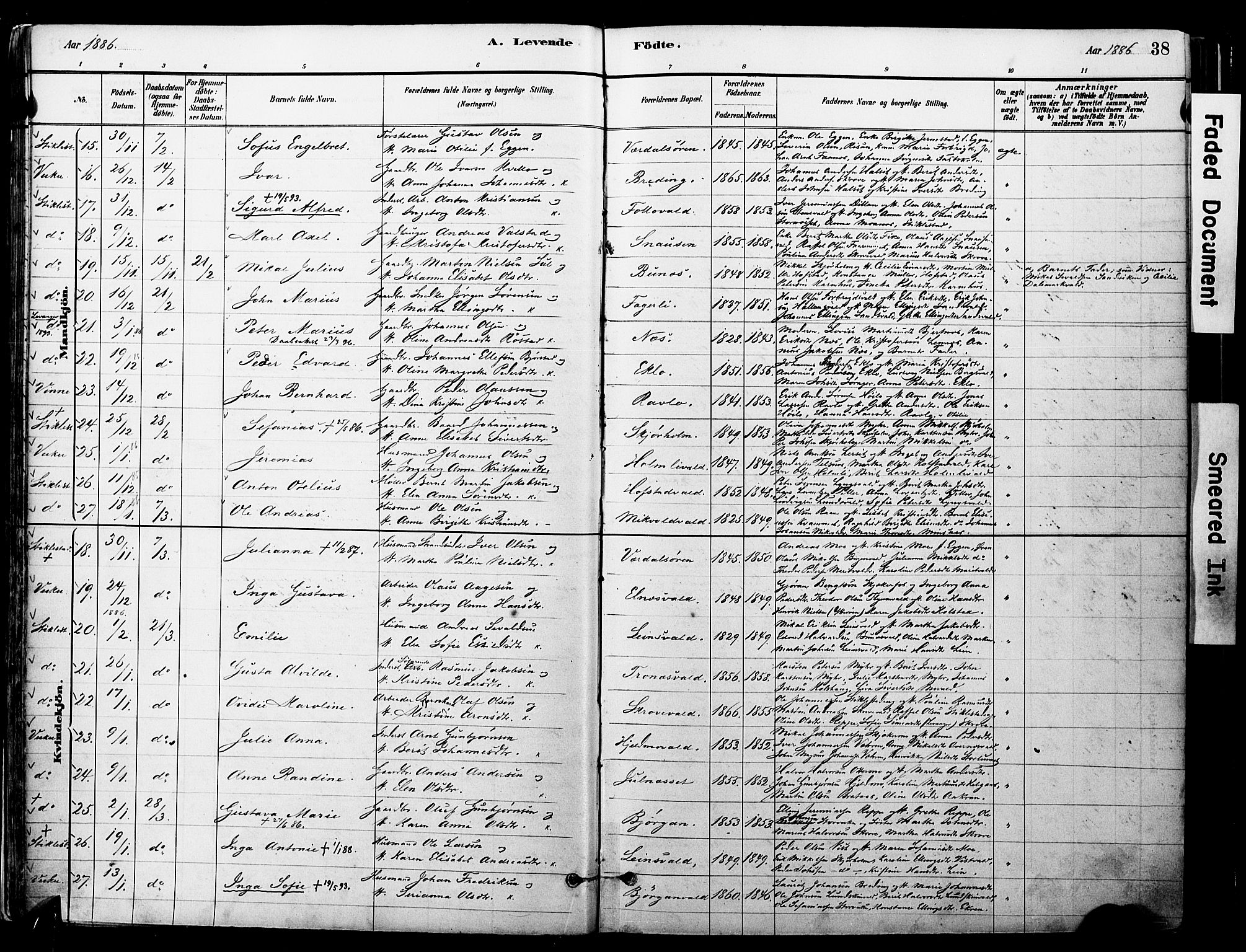 Ministerialprotokoller, klokkerbøker og fødselsregistre - Nord-Trøndelag, AV/SAT-A-1458/723/L0244: Parish register (official) no. 723A13, 1881-1899, p. 38