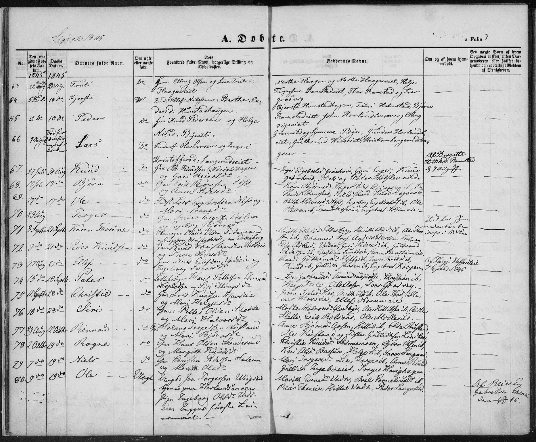 Sigdal kirkebøker, AV/SAKO-A-245/F/Fa/L0007: Parish register (official) no. I 7, 1844-1849, p. 7